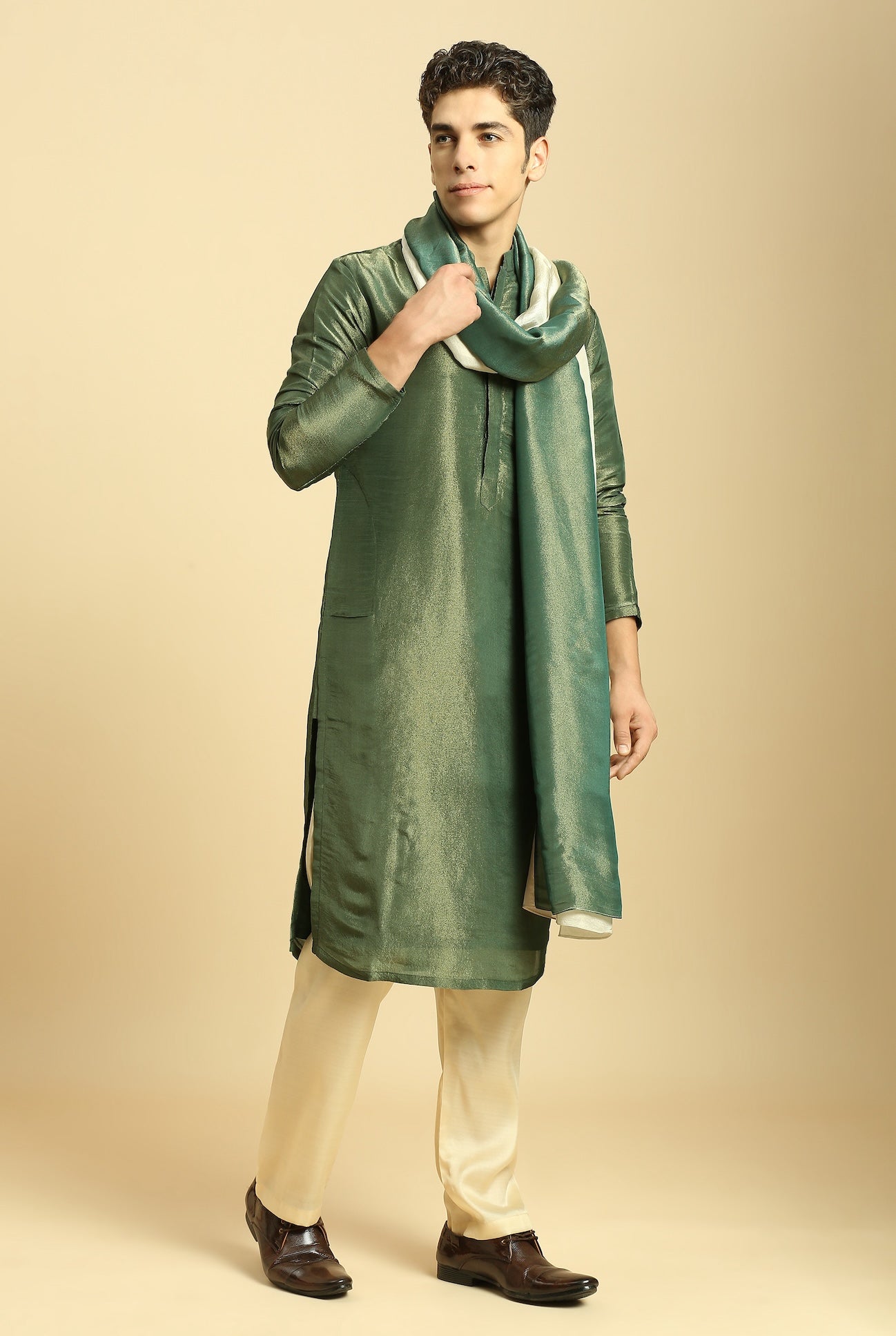 GREEN TISSUE KURTA WITH CREAM SILK PANT WITH GREEN COLOUR BLOCK DUPATTA