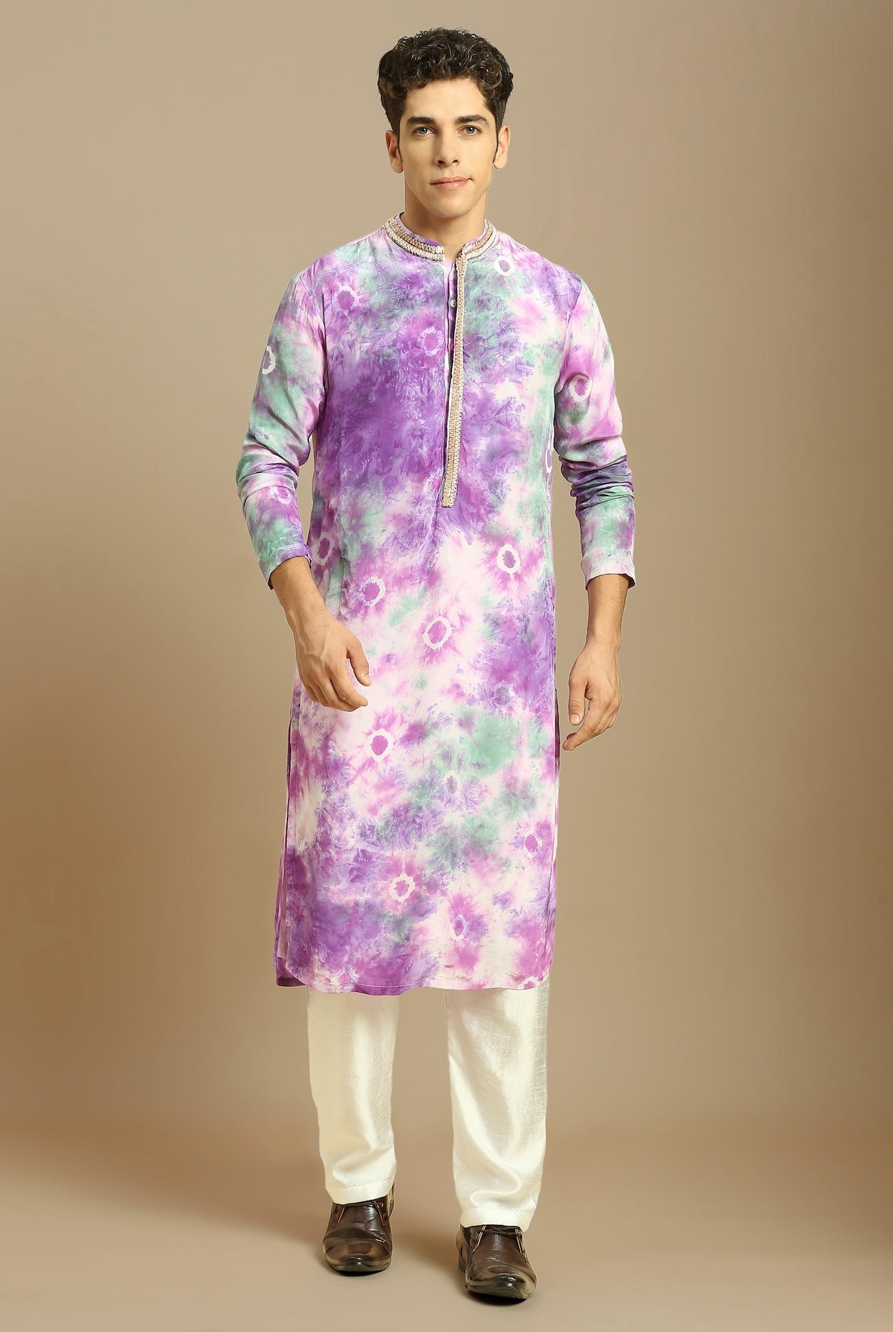 PURPLE EMBROIDERED TIE-DYE KURTA WITH WHITE SILK PANT