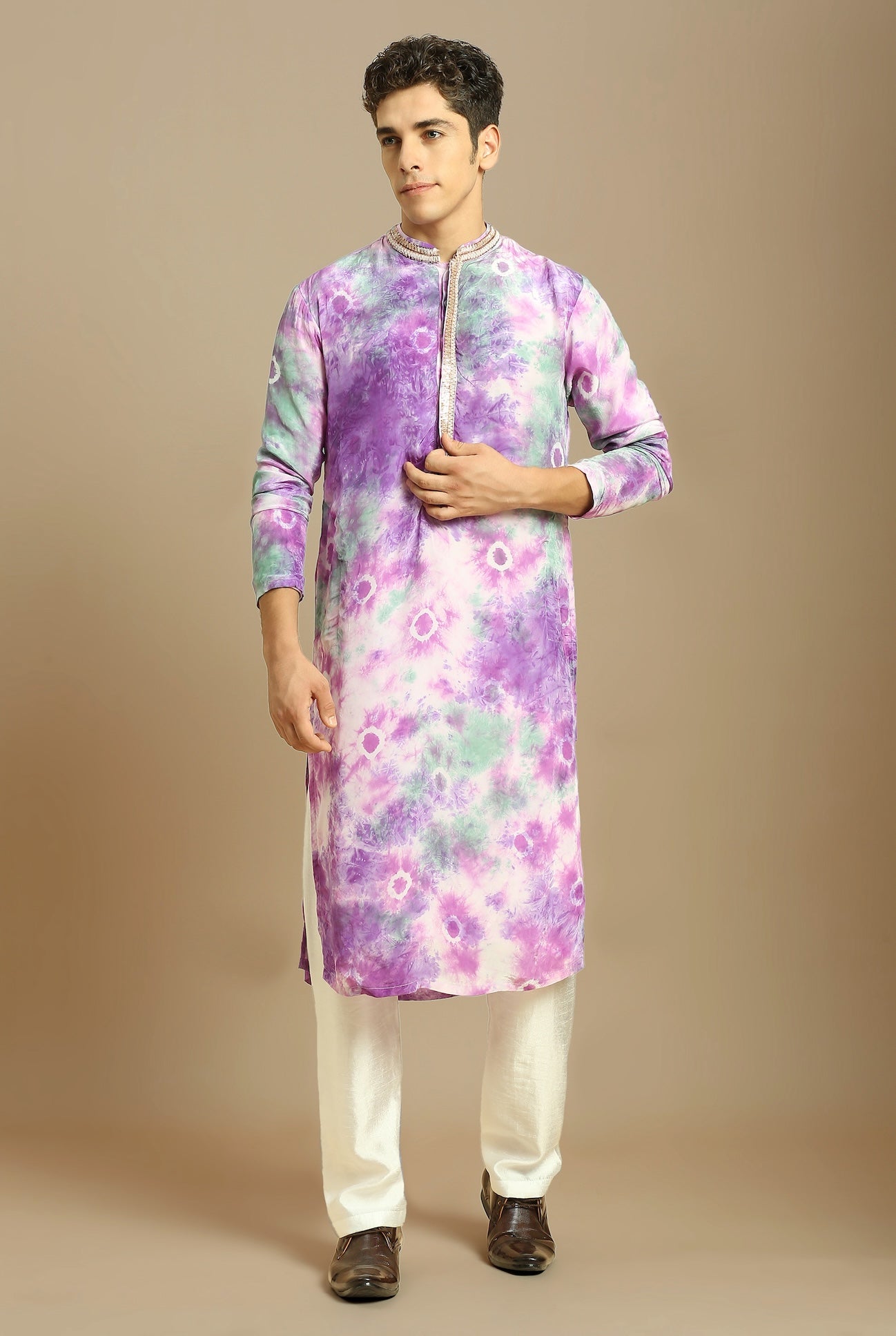 PURPLE EMBROIDERED TIE-DYE KURTA WITH WHITE SILK PANT