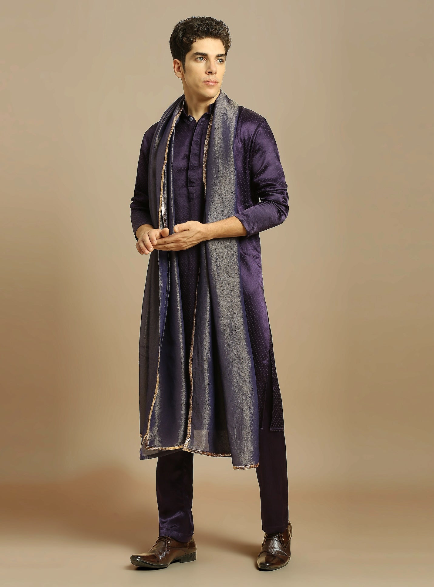 DEEP PURPLE KURTA WITH PANT WITH TISSUE EMBROIDERED DUPATTA