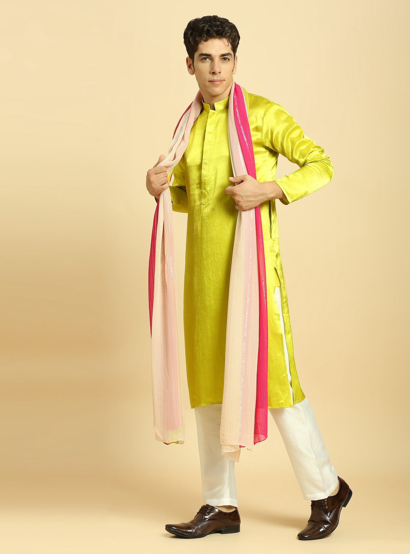 NEON GREEN KURTA WITH WHITE PANT WITH MULTI COLOUR DUPATTA