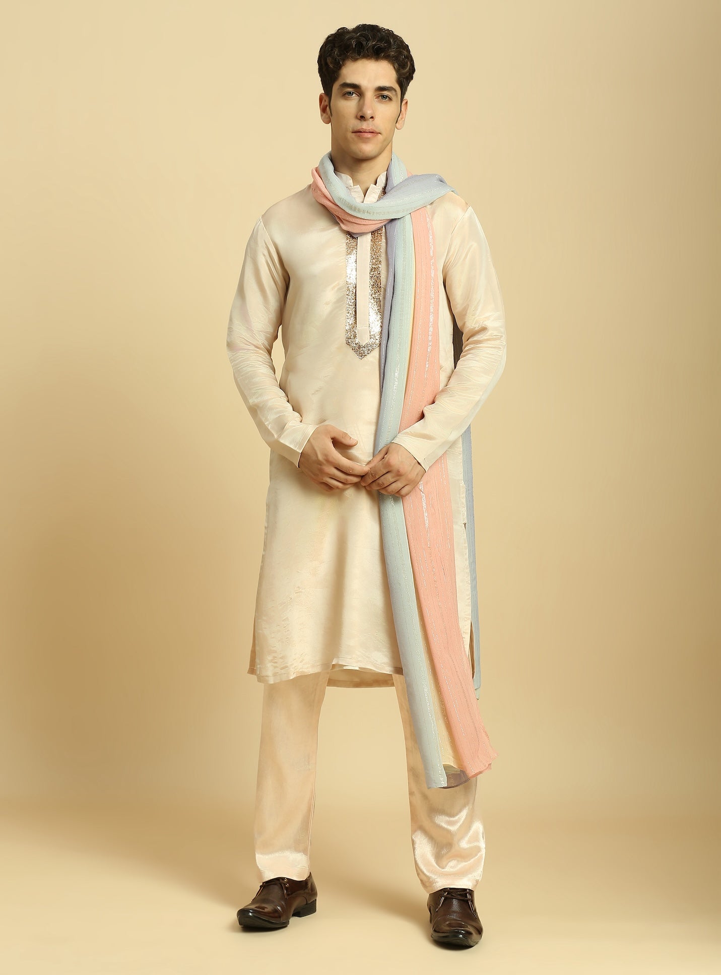 PEACH TISSUE KURTA WITH PANT WITH OMBREY DUPATTA