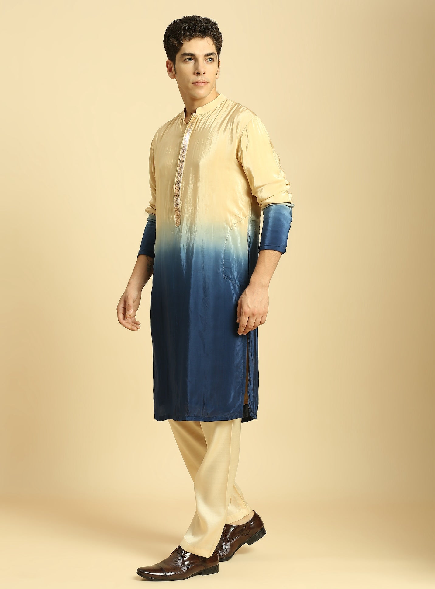 BEIGE/BLUE OMBRE KURTA WITH BEIGE PANT