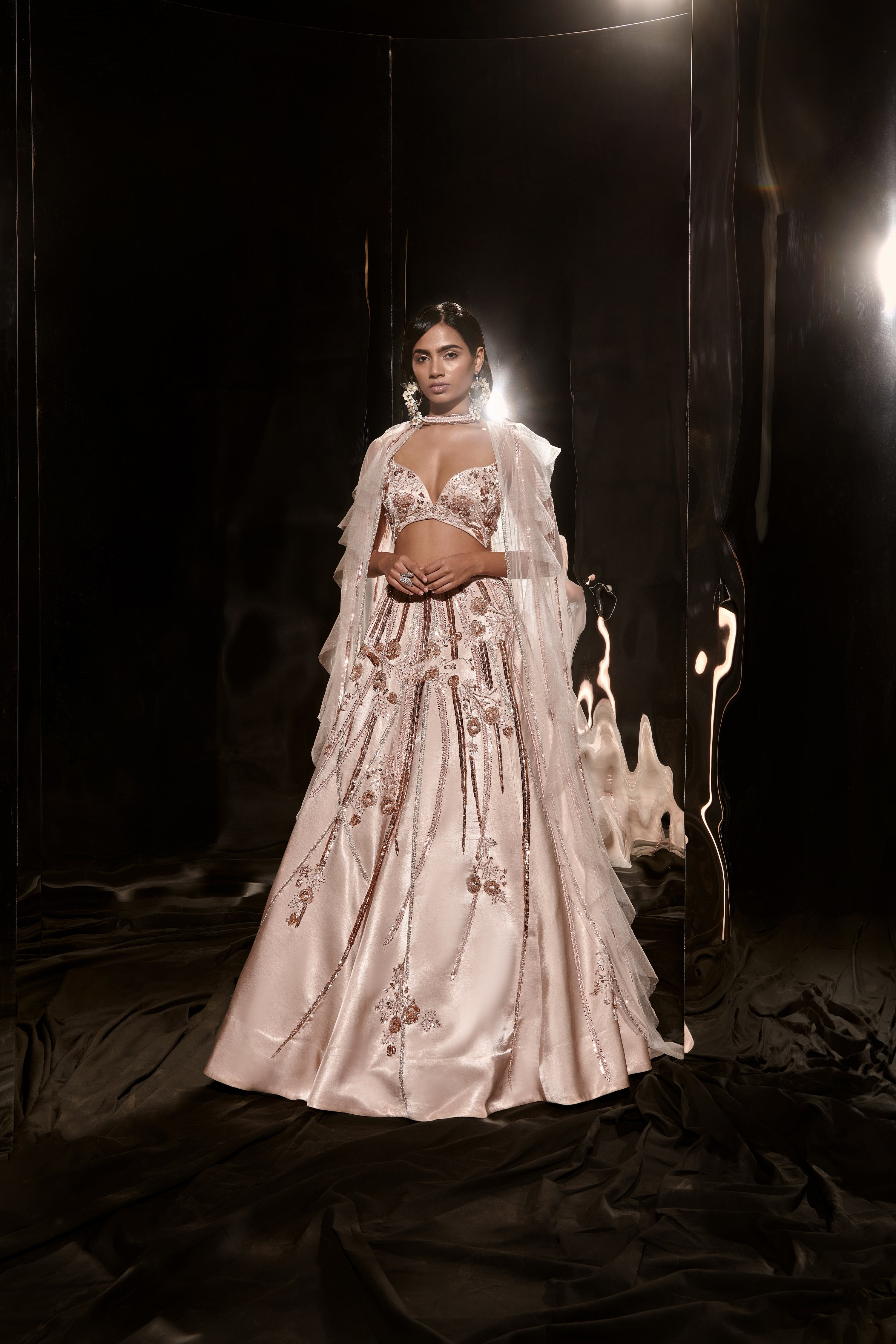 NUDE EMBROIDERED LEHENGA SET WITH RUFFLE CAPE