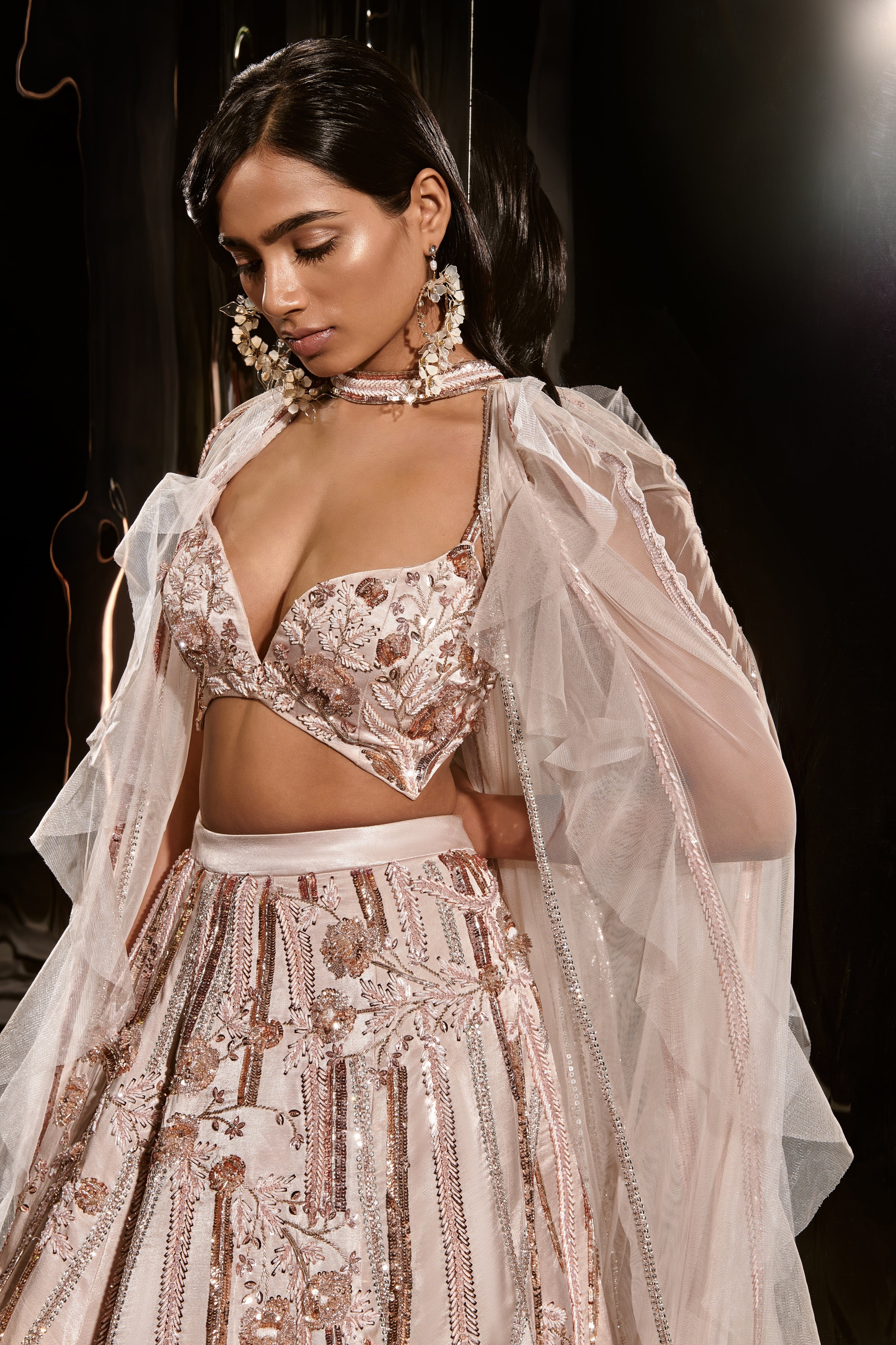 NUDE EMBROIDERED LEHENGA SET WITH RUFFLE CAPE