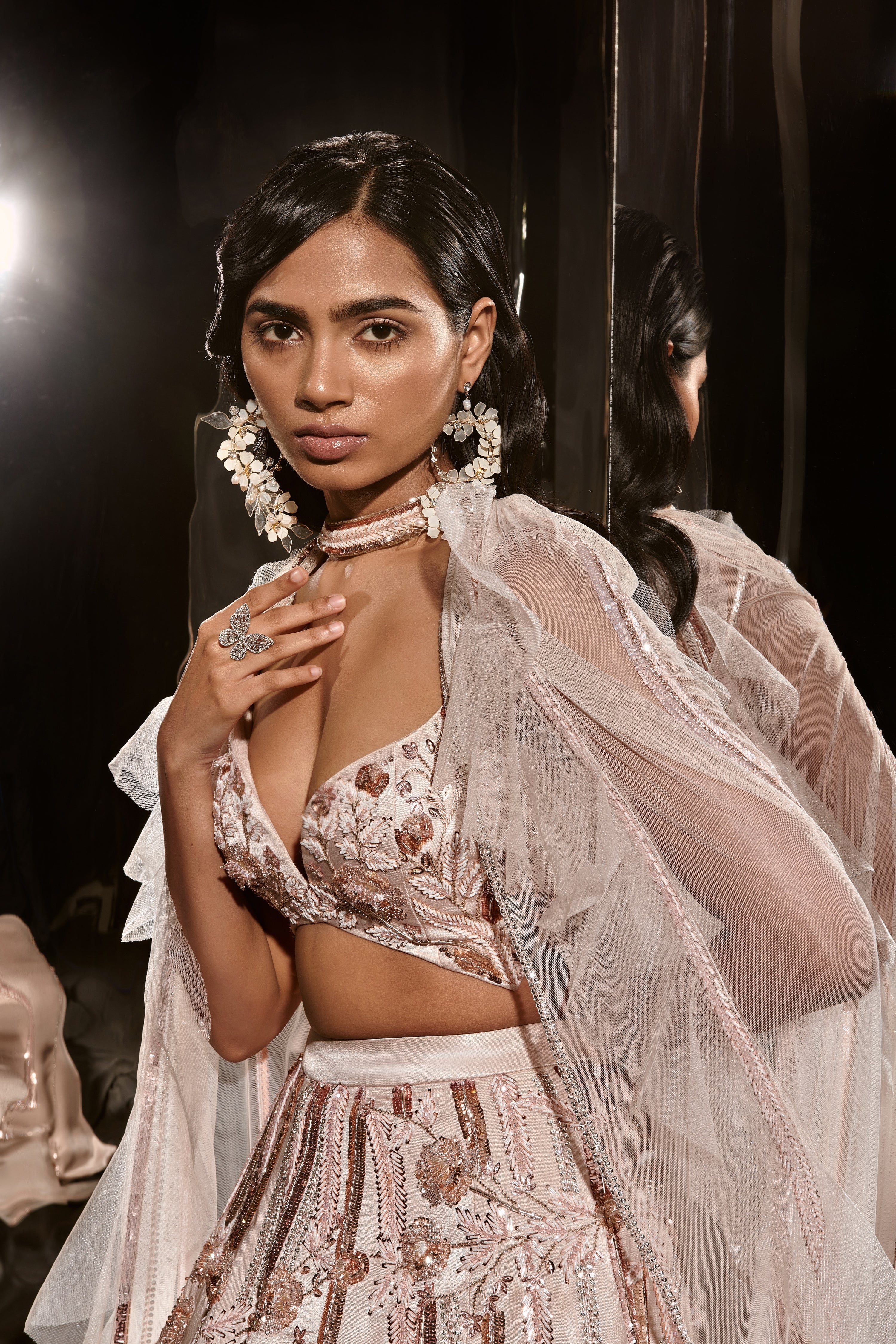 NUDE EMBROIDERED LEHENGA SET WITH RUFFLE CAPE