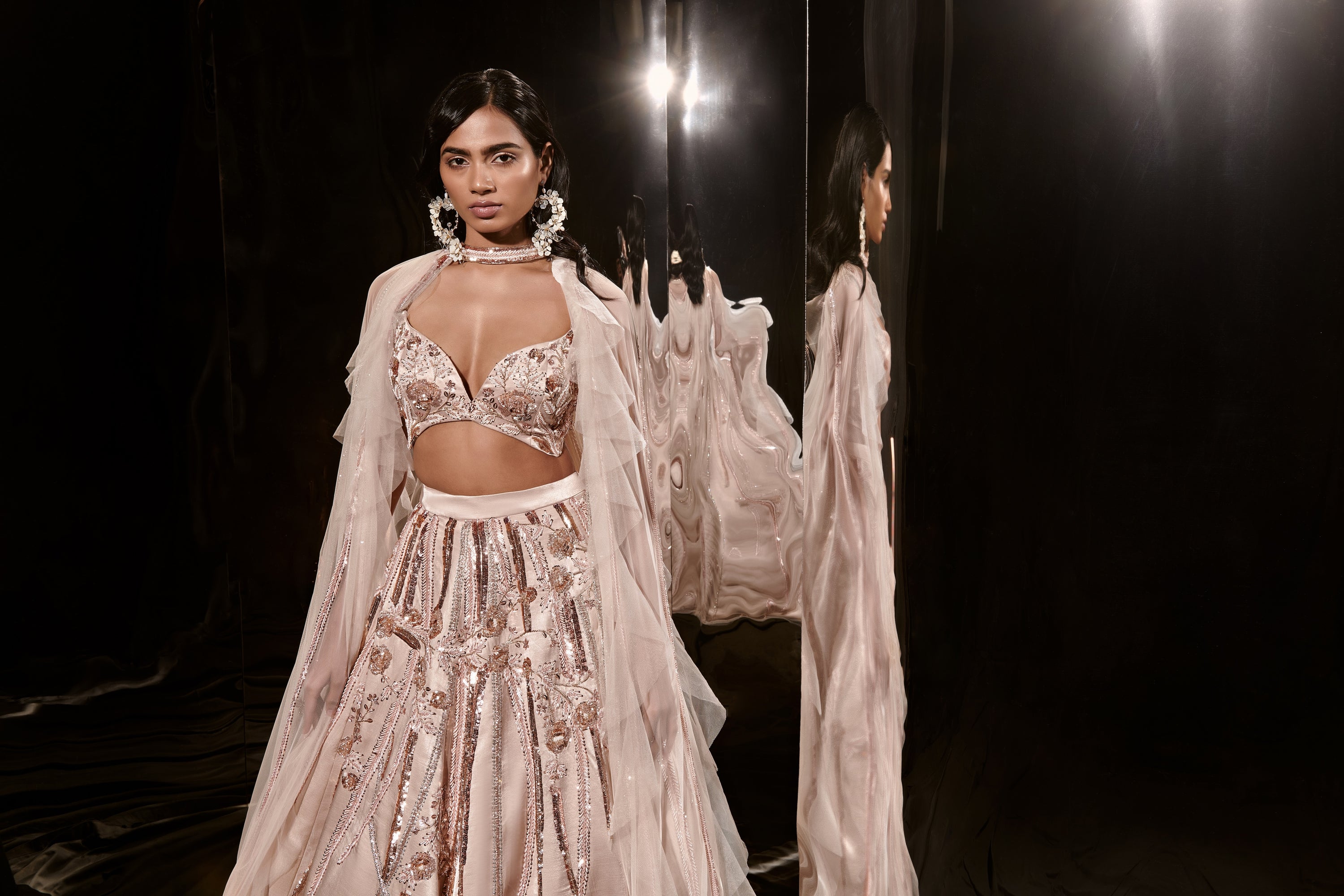 NUDE EMBROIDERED LEHENGA SET WITH RUFFLE CAPE