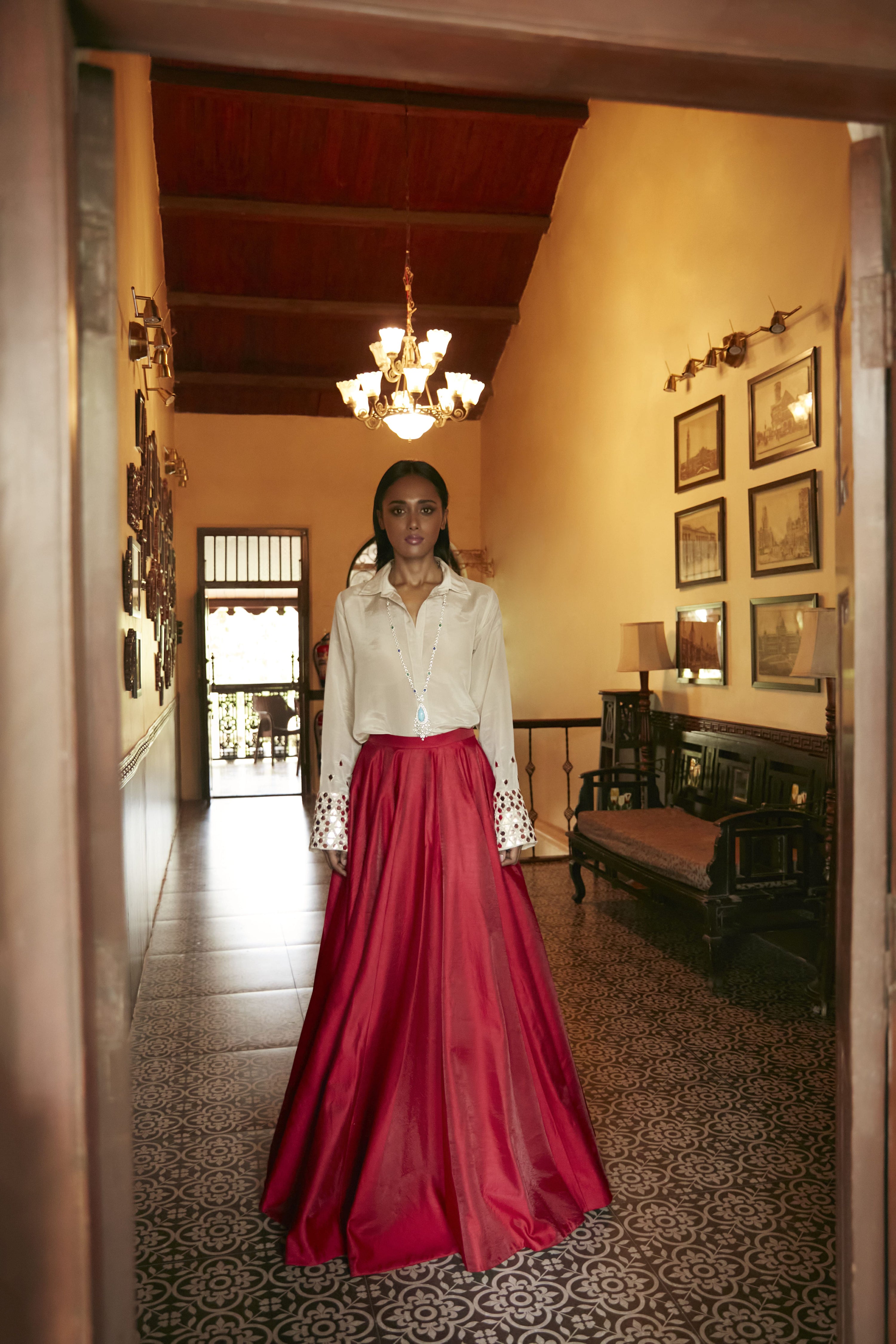 BEIGE EMBROIDERED SHIRT WITH RED LEHENGA