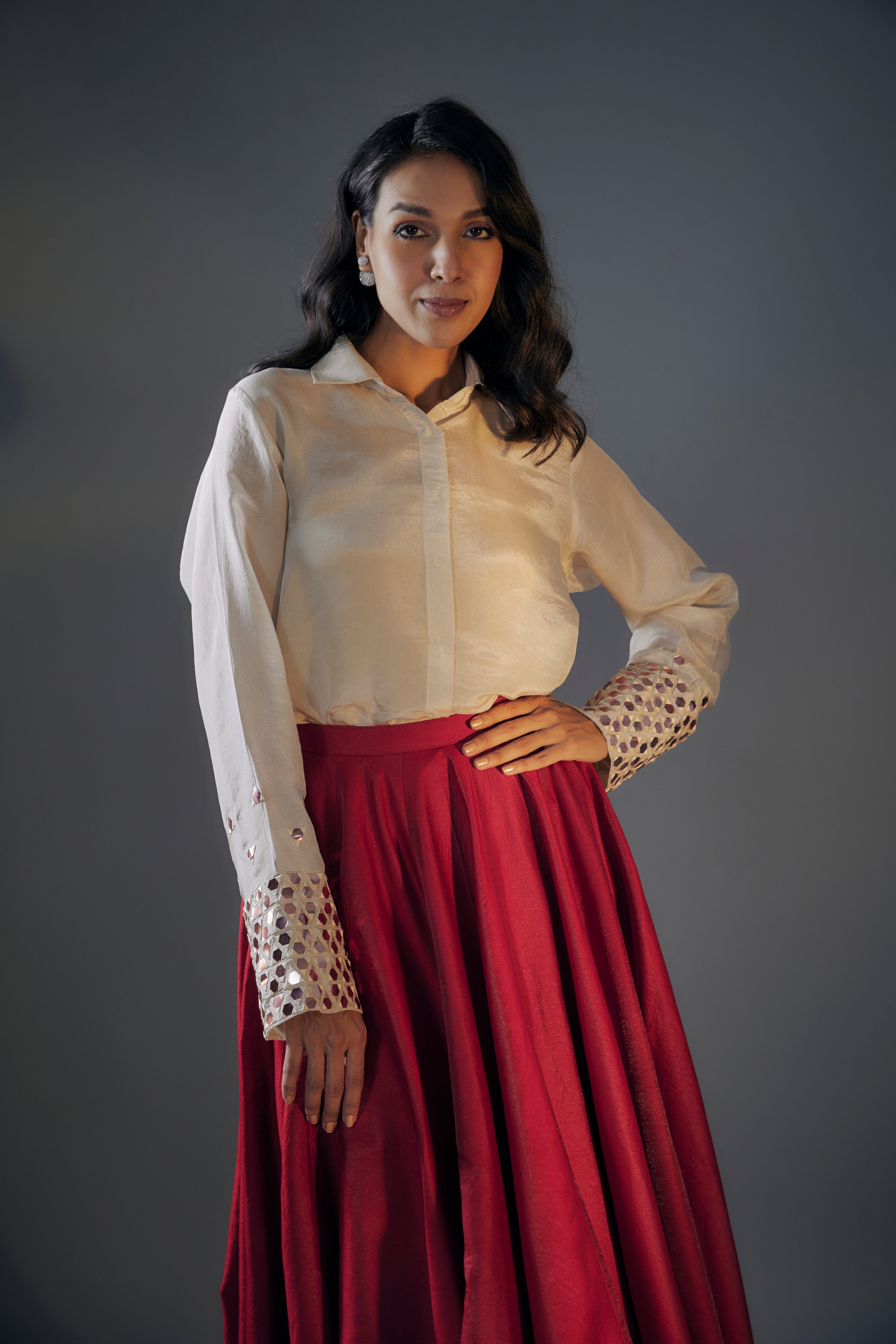 BEIGE EMBROIDERED SHIRT WITH RED LEHENGA