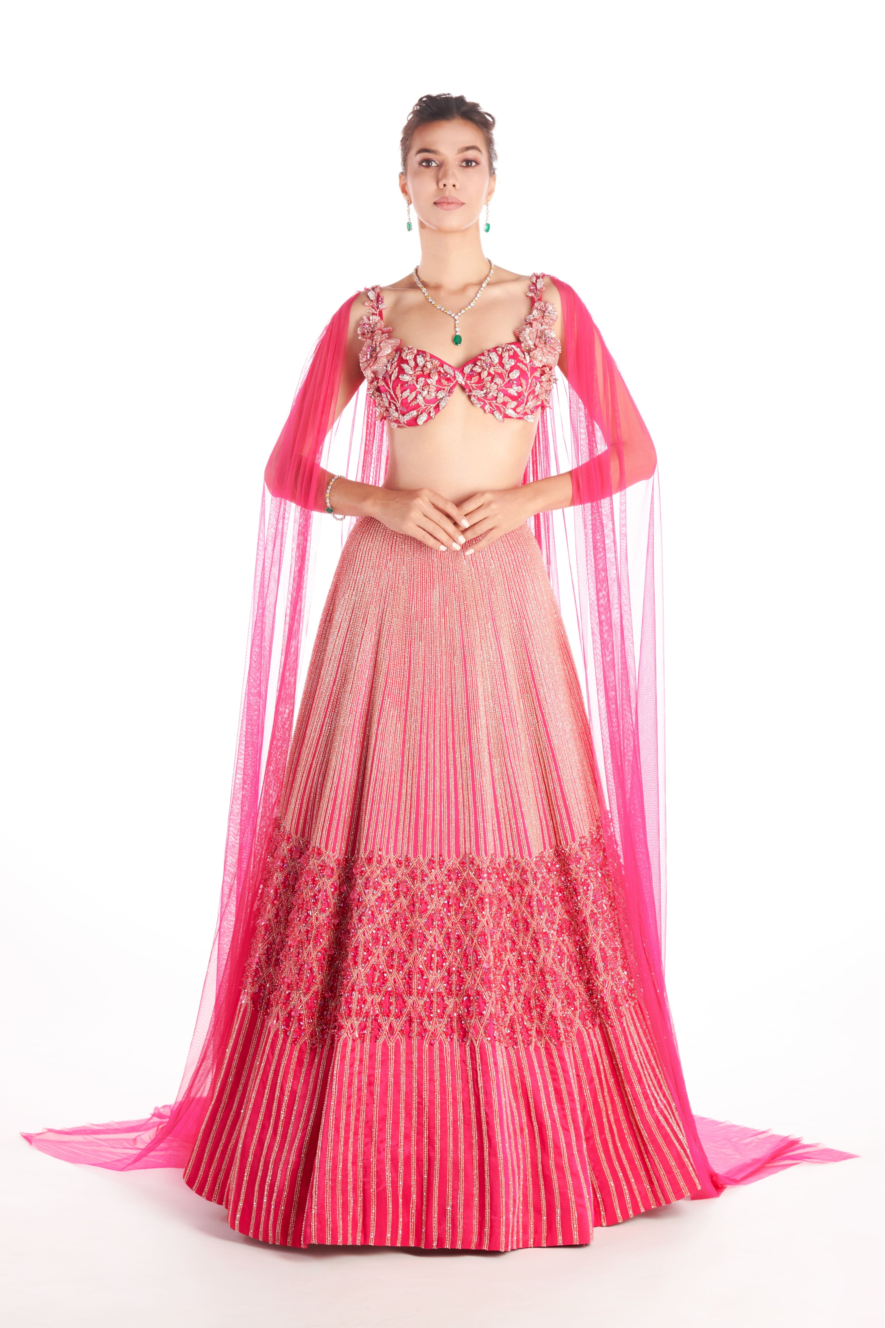 HOT PINK 3D EMBROIDERED BRIDAL LEHENGA WITH CAPE