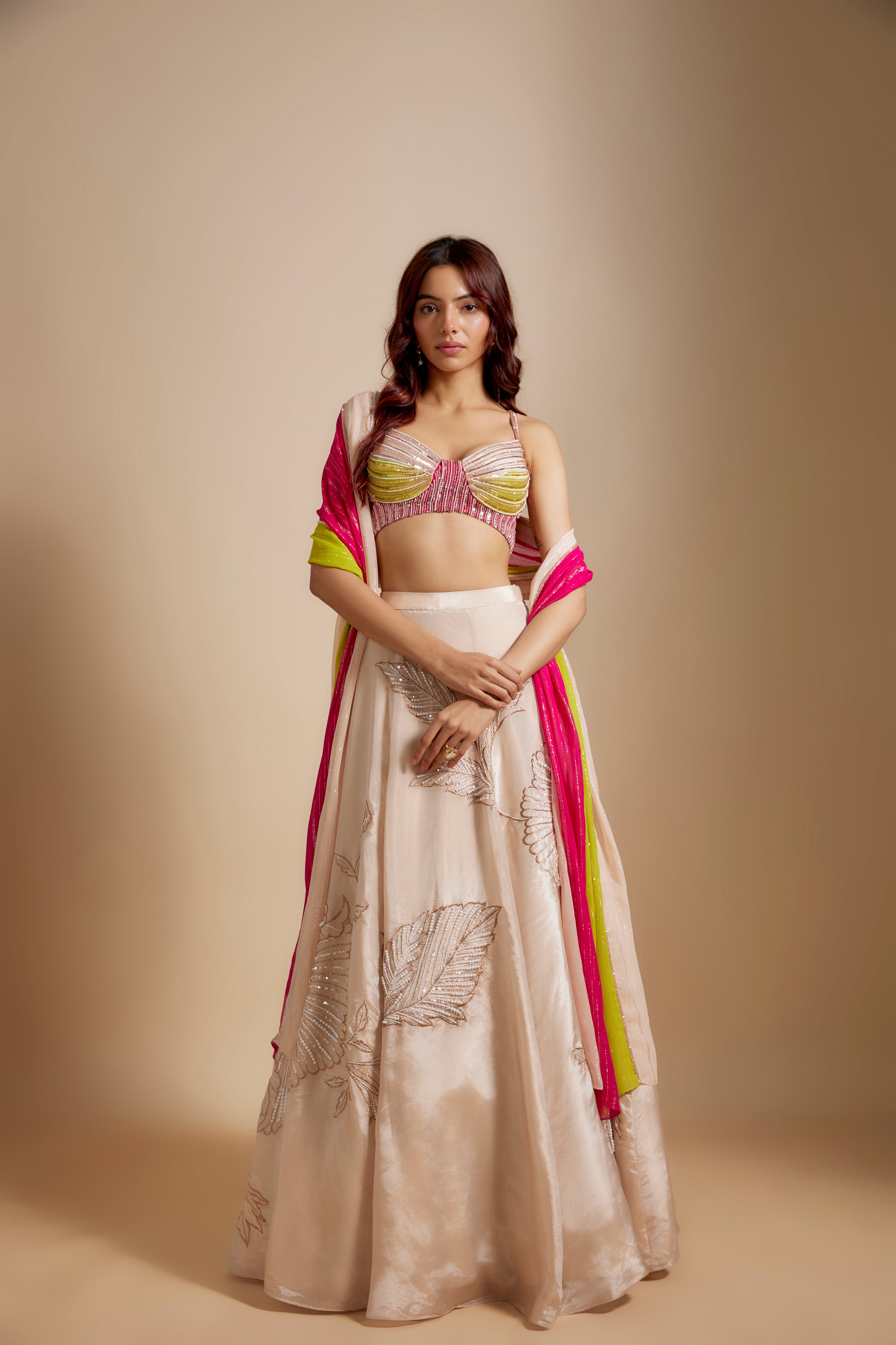 PEACH EMBROIDERED LEHENGA WITH MULTI-COLOURED BLOUSE AND DUPATTA