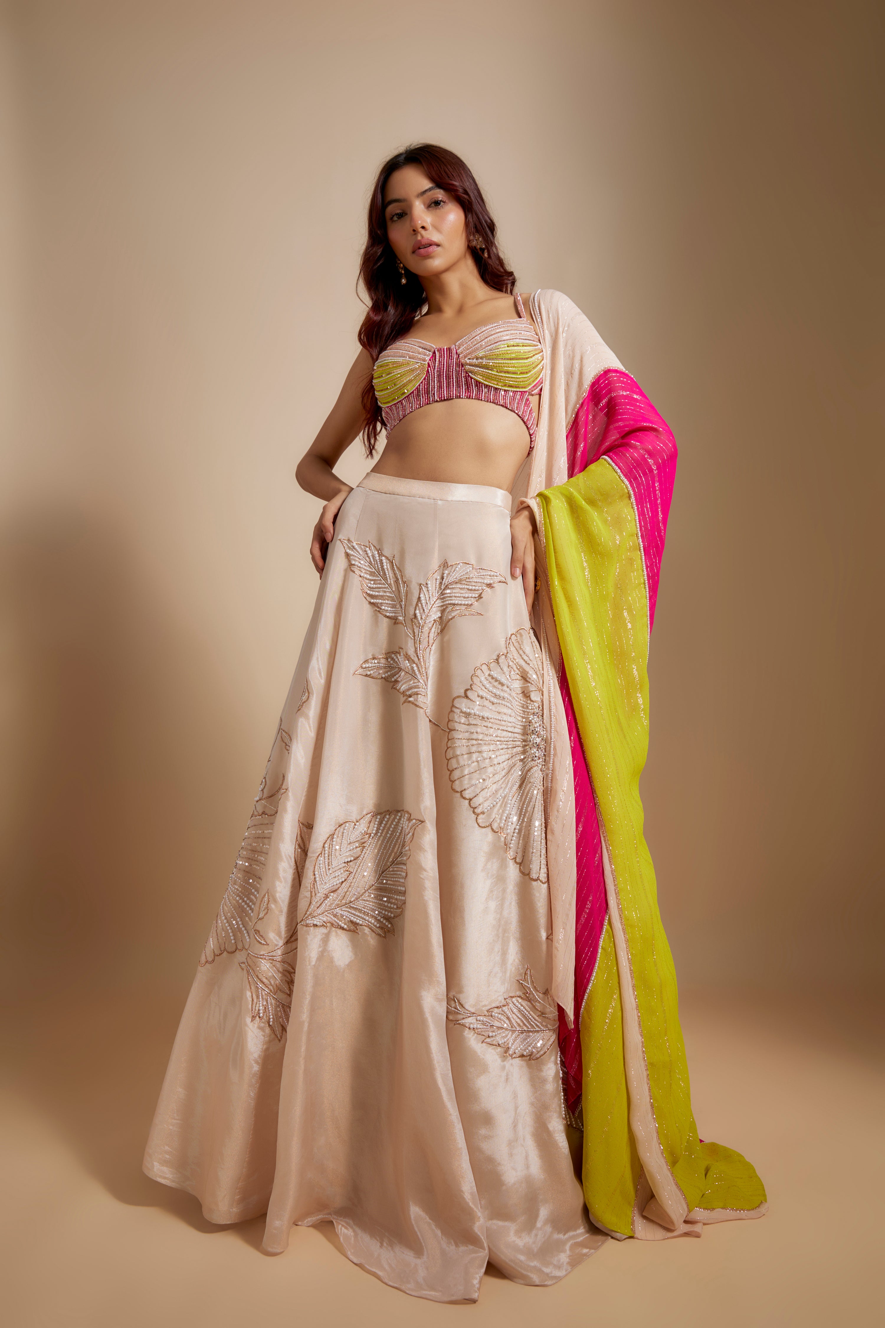 PEACH EMBROIDERED LEHENGA WITH MULTI-COLOURED BLOUSE AND DUPATTA