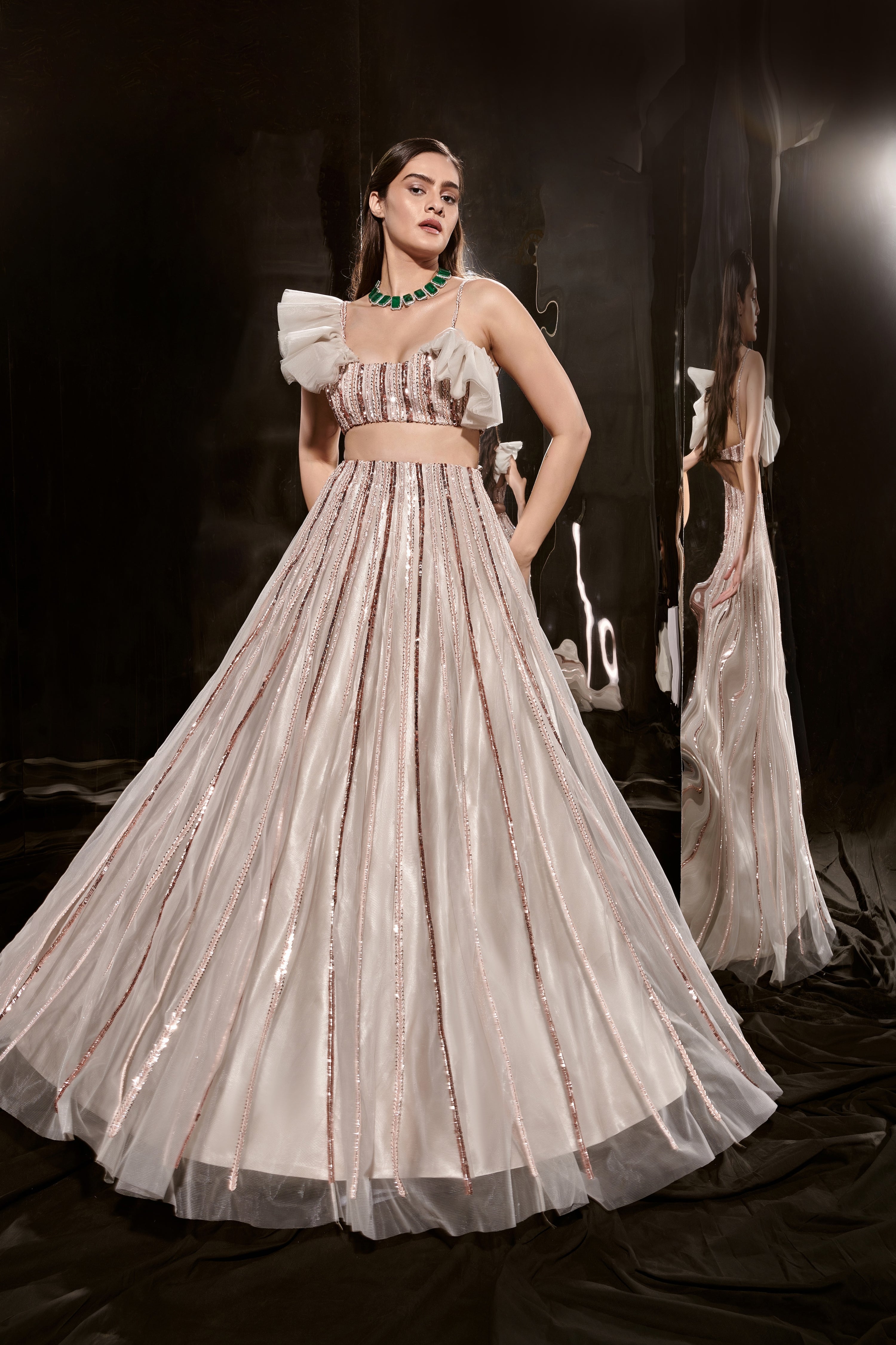 SILVER EMBROIDERED LEHENGA WITH RUFFLE BLOUSE