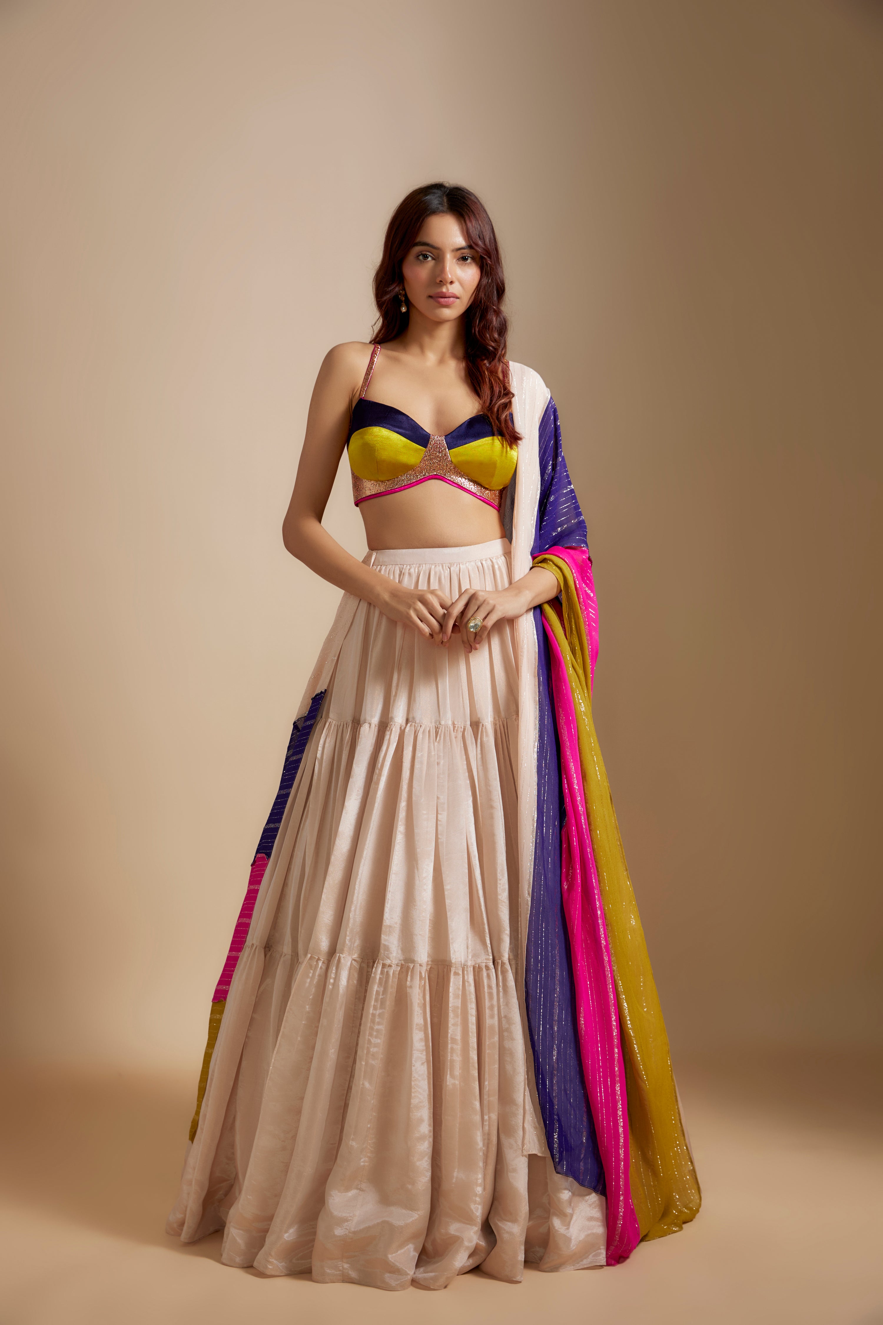 PEACH TISSUE SKIRT WITH MULTI- COLOURED BLOUSE WITH MULTI-COLOURED DUPATTA