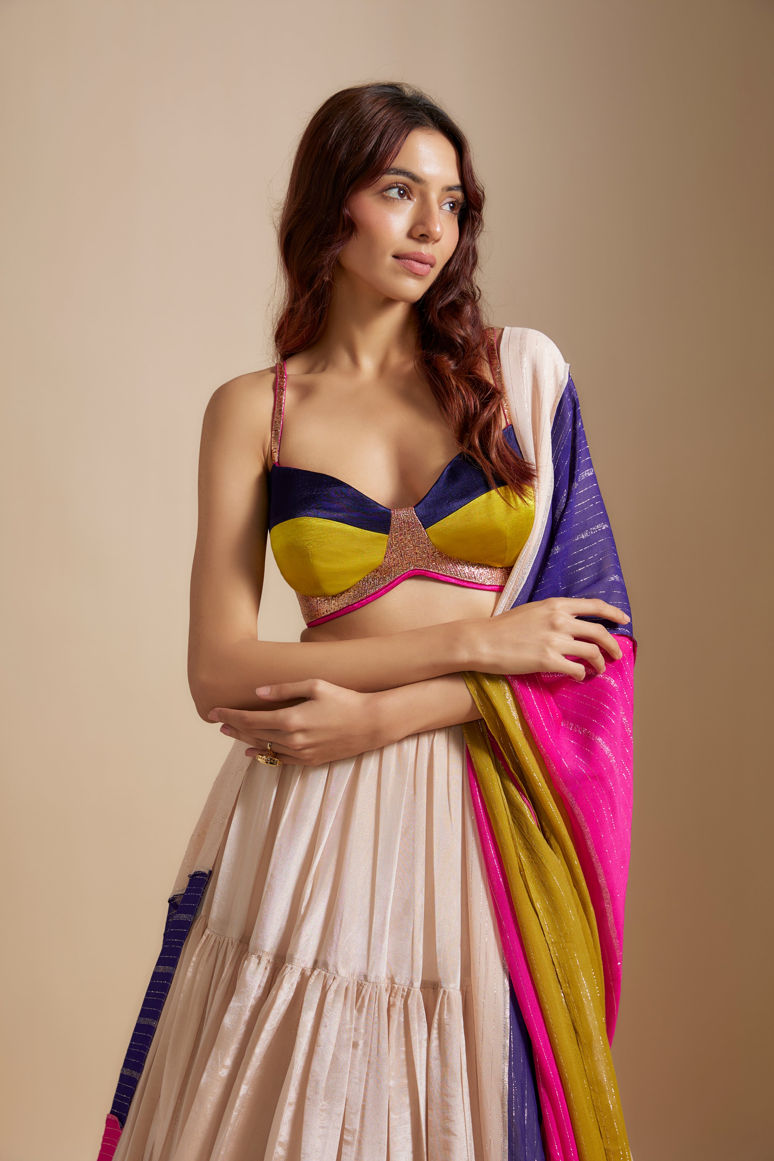 PEACH TISSUE SKIRT WITH MULTI- COLOURED BLOUSE WITH MULTI-COLOURED DUPATTA