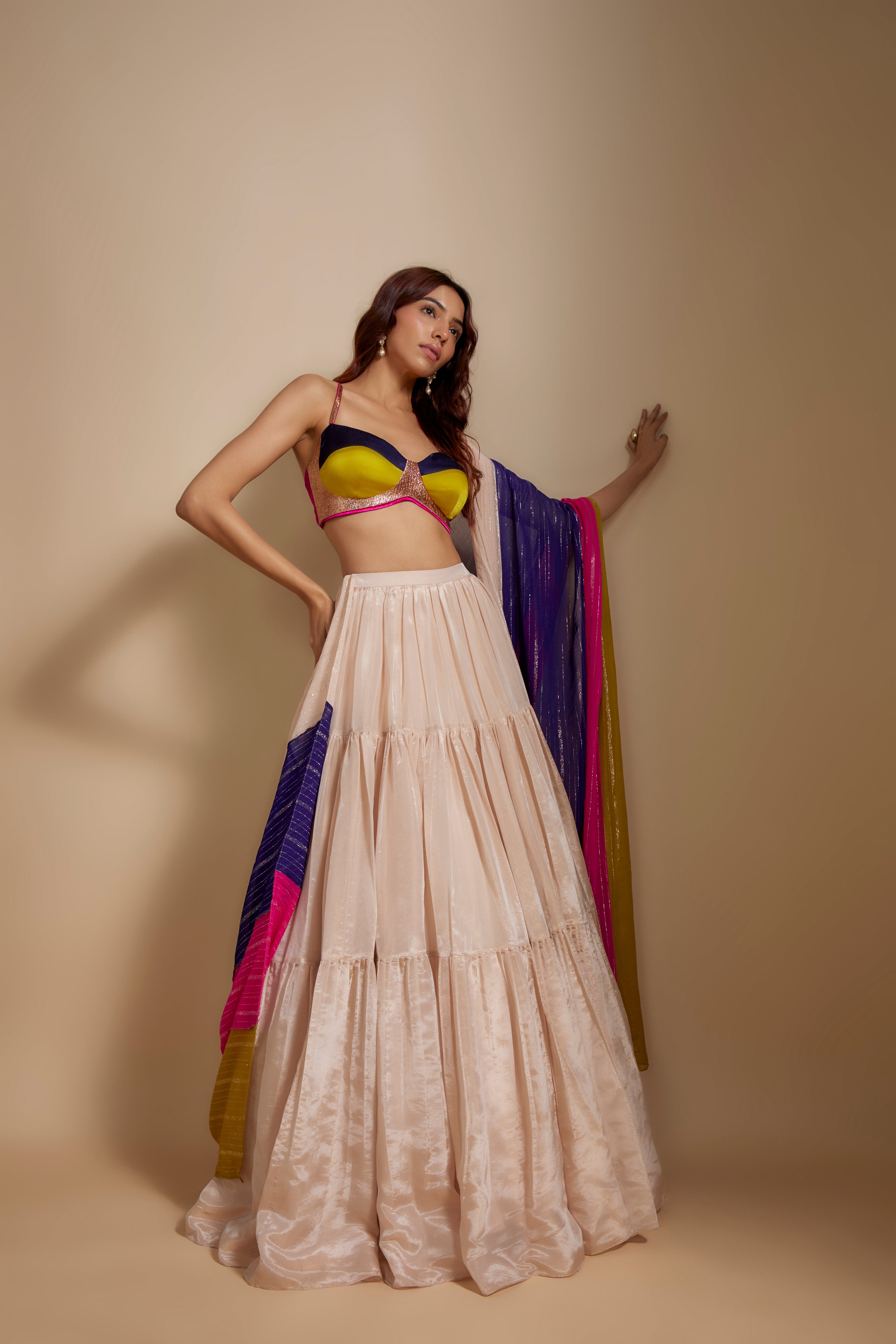 PEACH TISSUE SKIRT WITH MULTI- COLOURED BLOUSE WITH MULTI-COLOURED DUPATTA