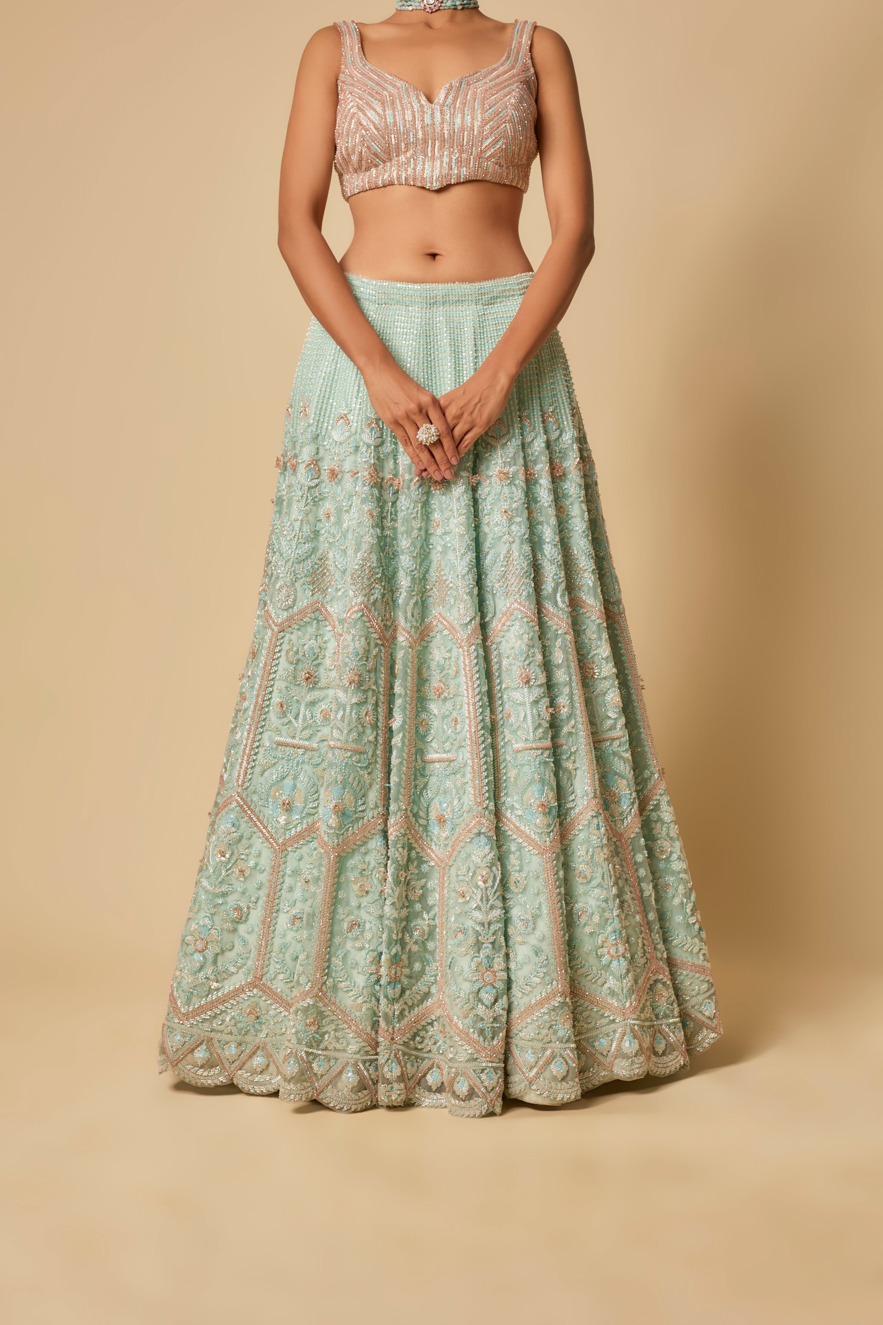 MINT HEAVY EMBROIDERED LEHENGA SET WITH TWO DUPATTA