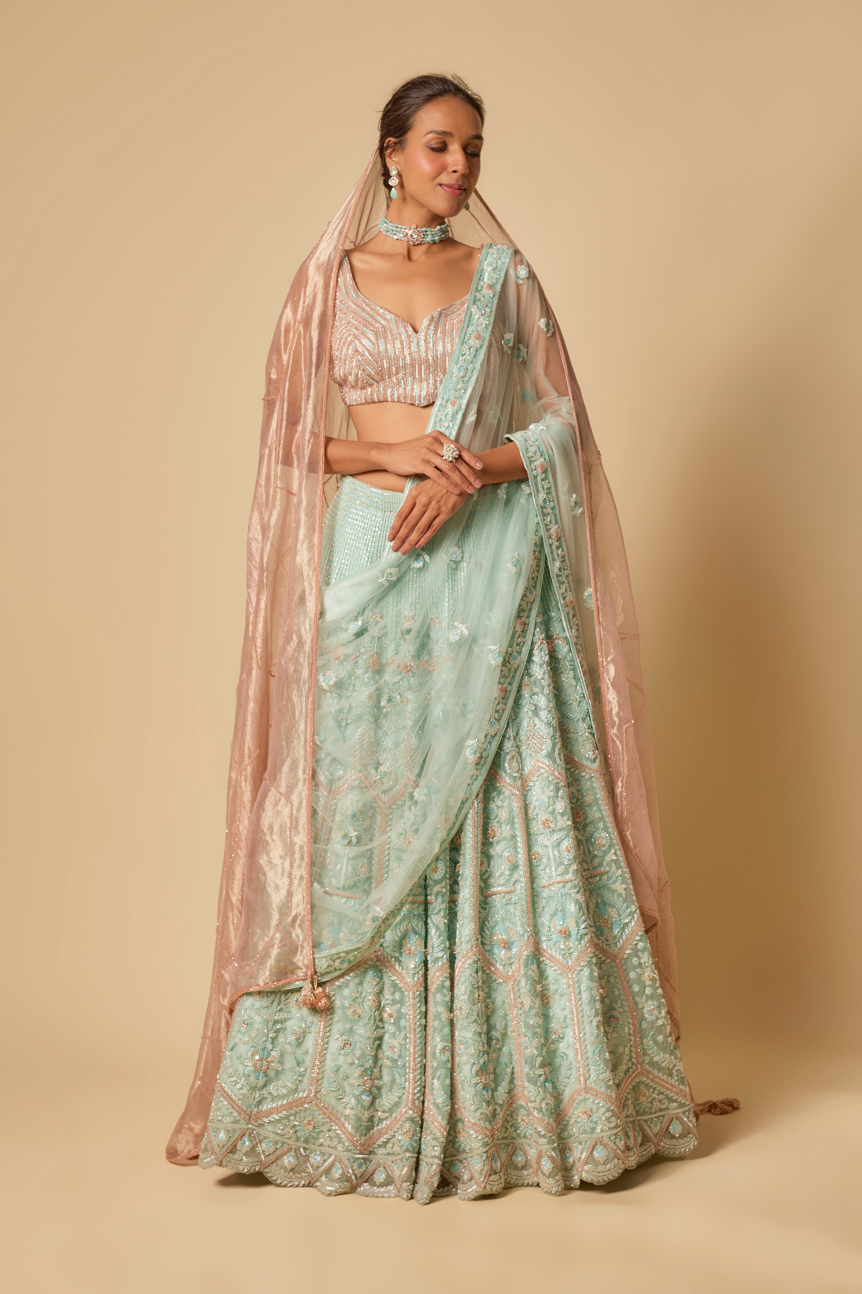MINT HEAVY EMBROIDERED LEHENGA SET WITH TWO DUPATTA