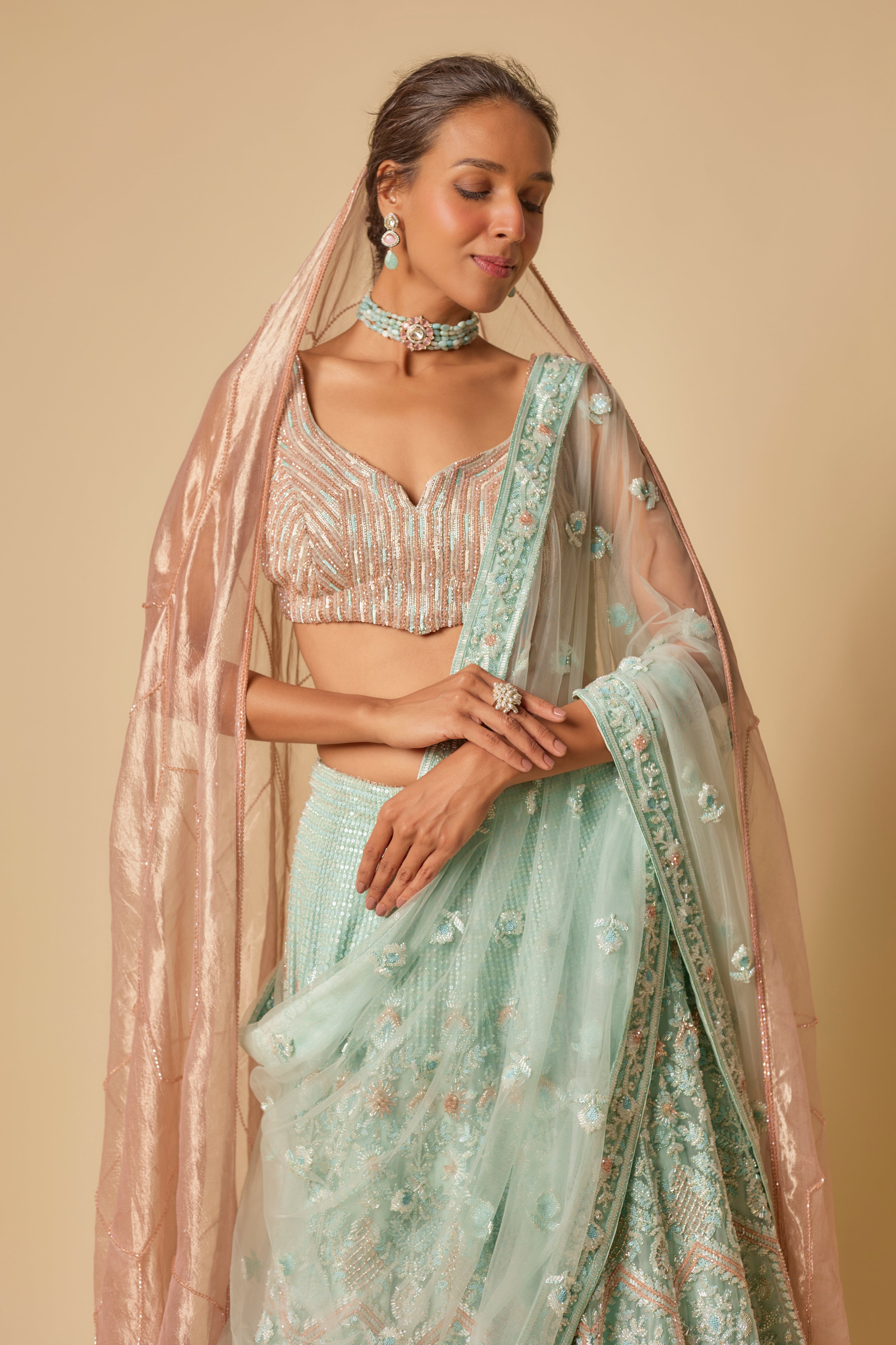 MINT HEAVY EMBROIDERED LEHENGA SET WITH TWO DUPATTA