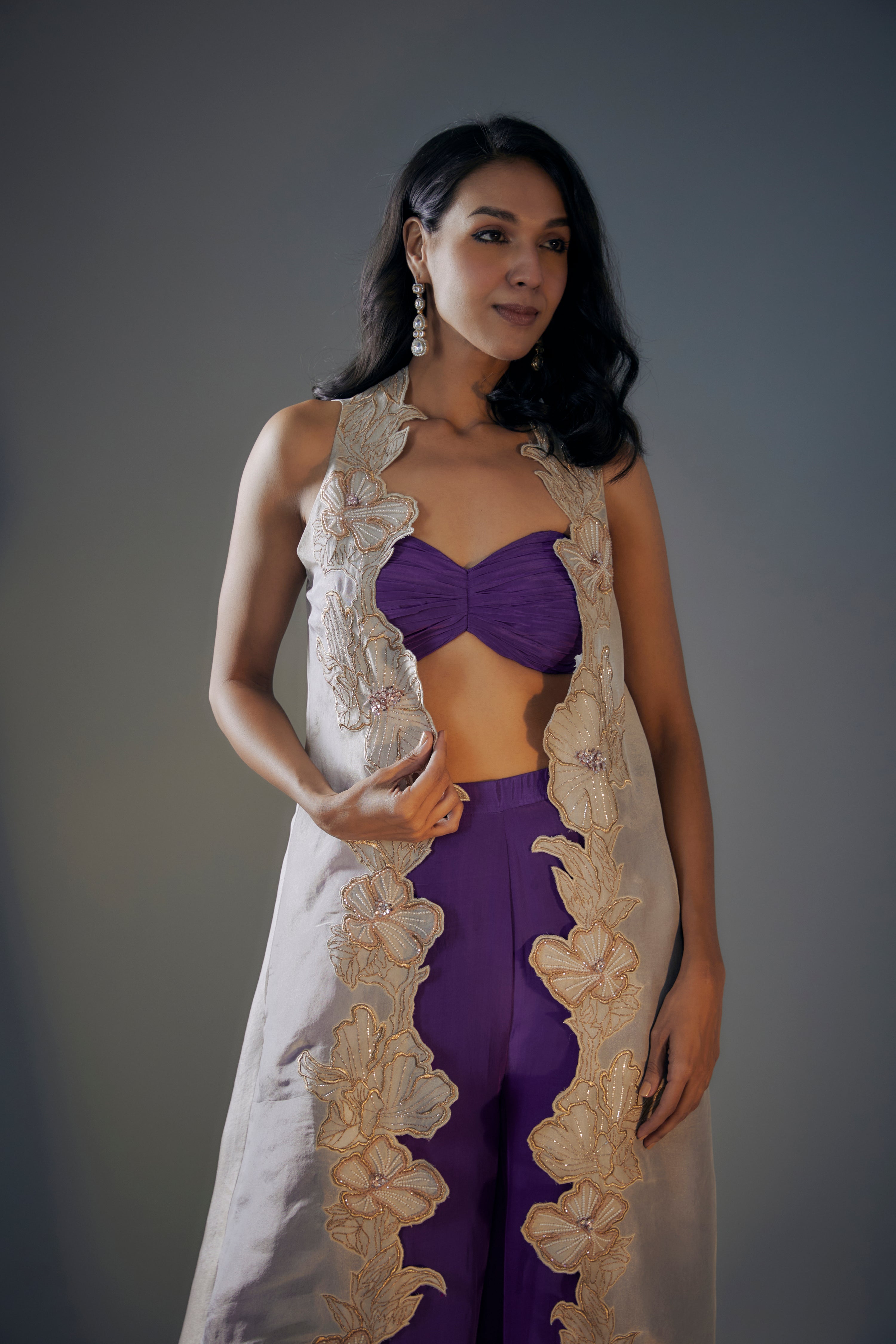 PURPLE PALAZZO SET WITH LIGHT GOLD CUTWORK TISSUE JACKET