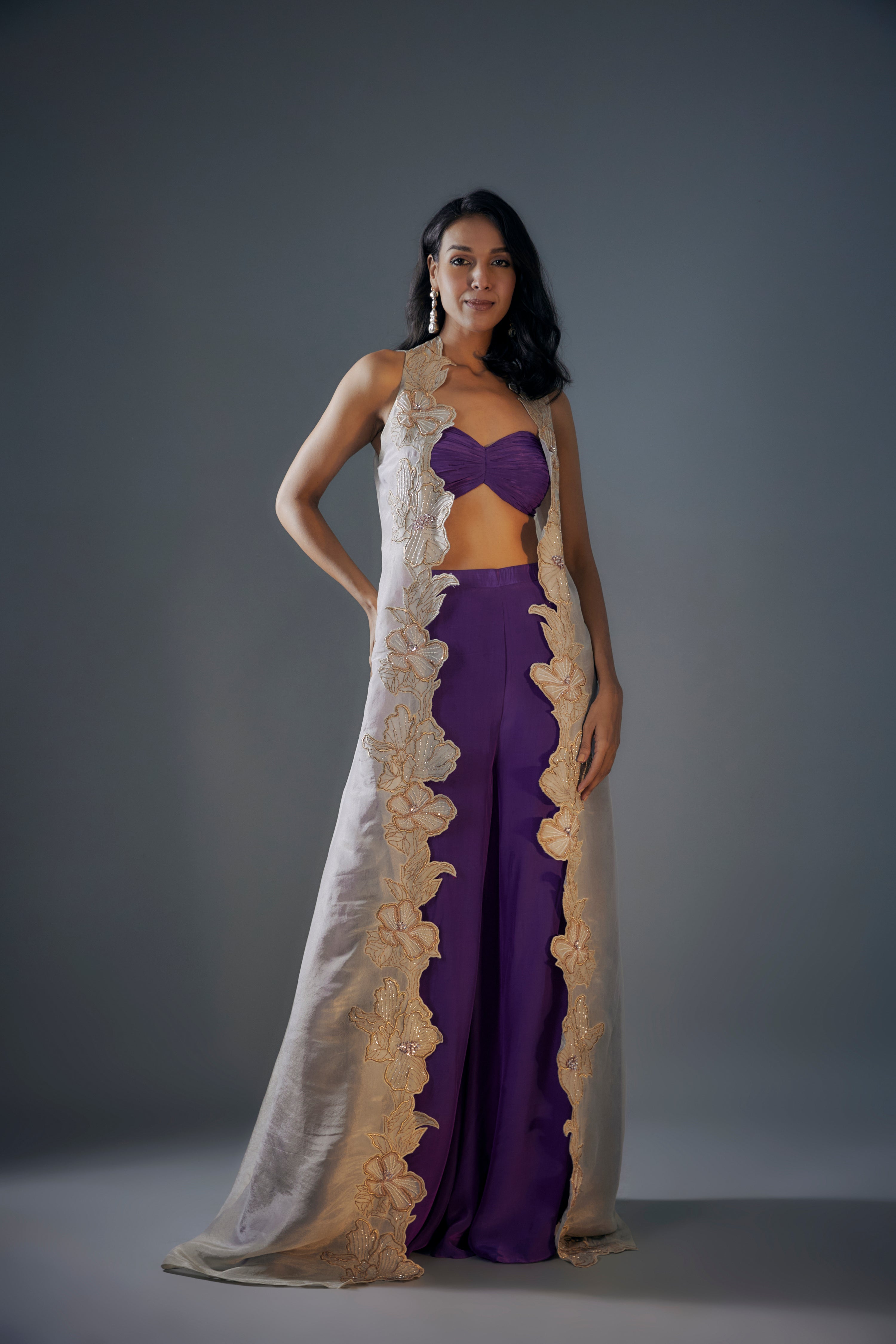 PURPLE PALAZZO SET WITH LIGHT GOLD CUTWORK TISSUE JACKET