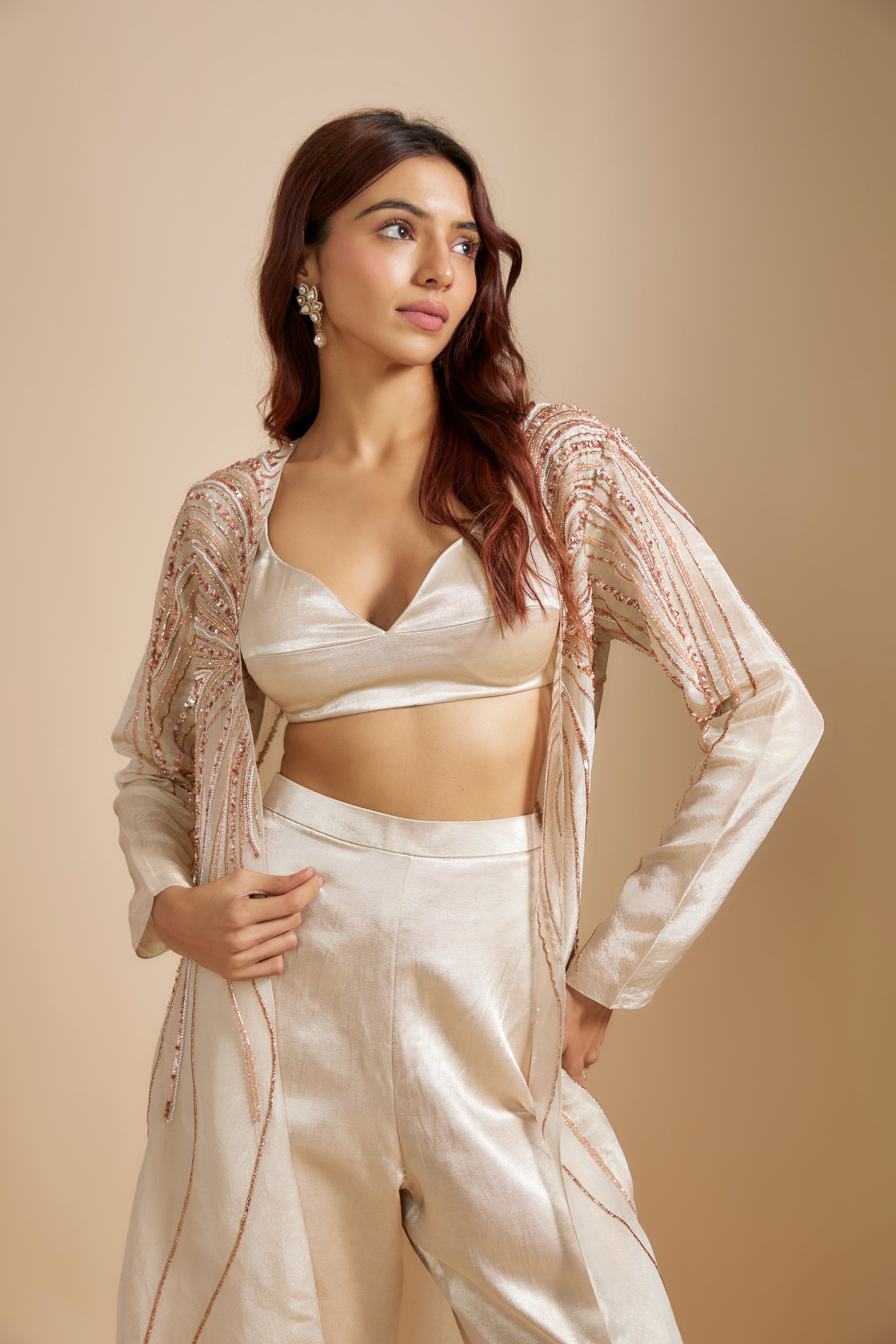 BEIGE EMBROIDERED JACKET WITH BEIGE TOP AND PANT