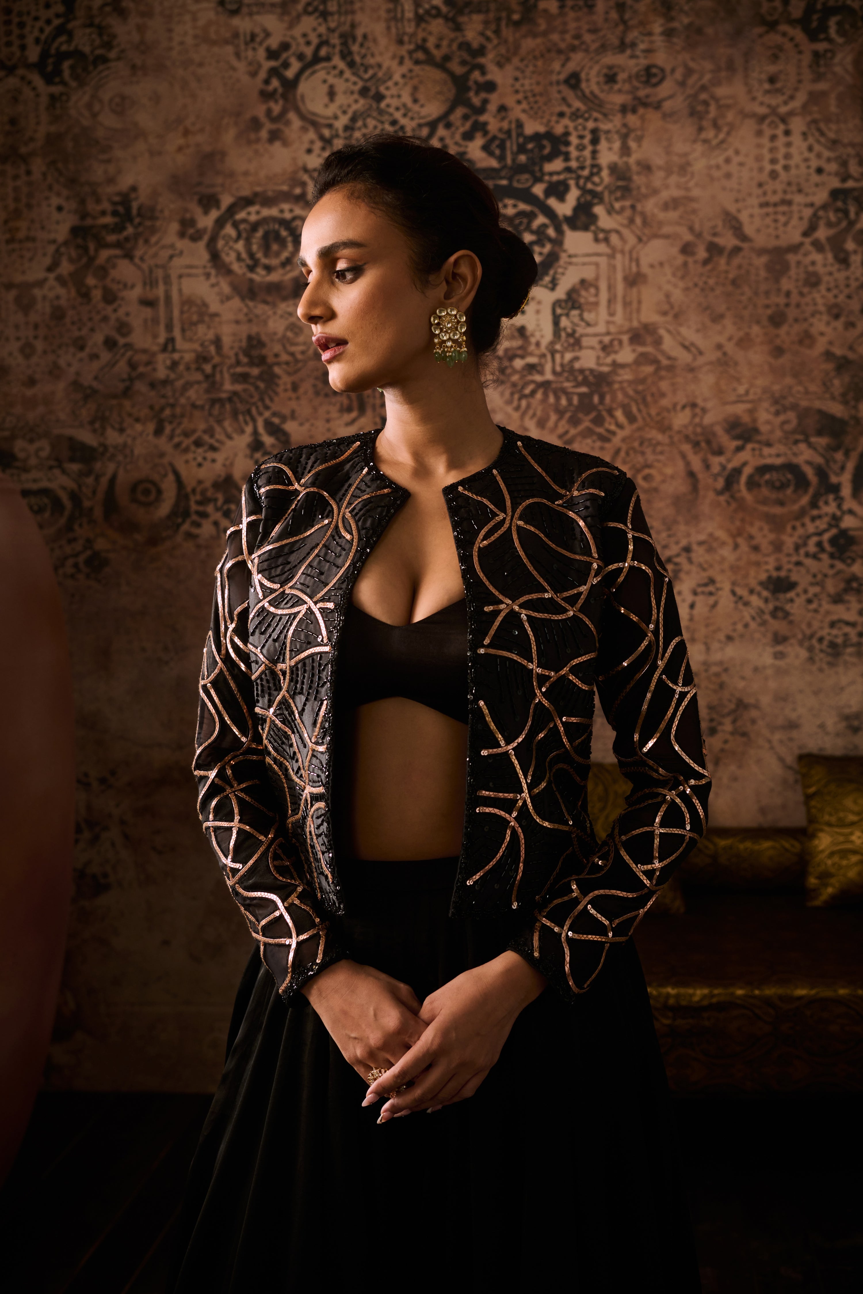 NOIR EMBROIDERED JACKET & BUSTIER PALAZZO SET