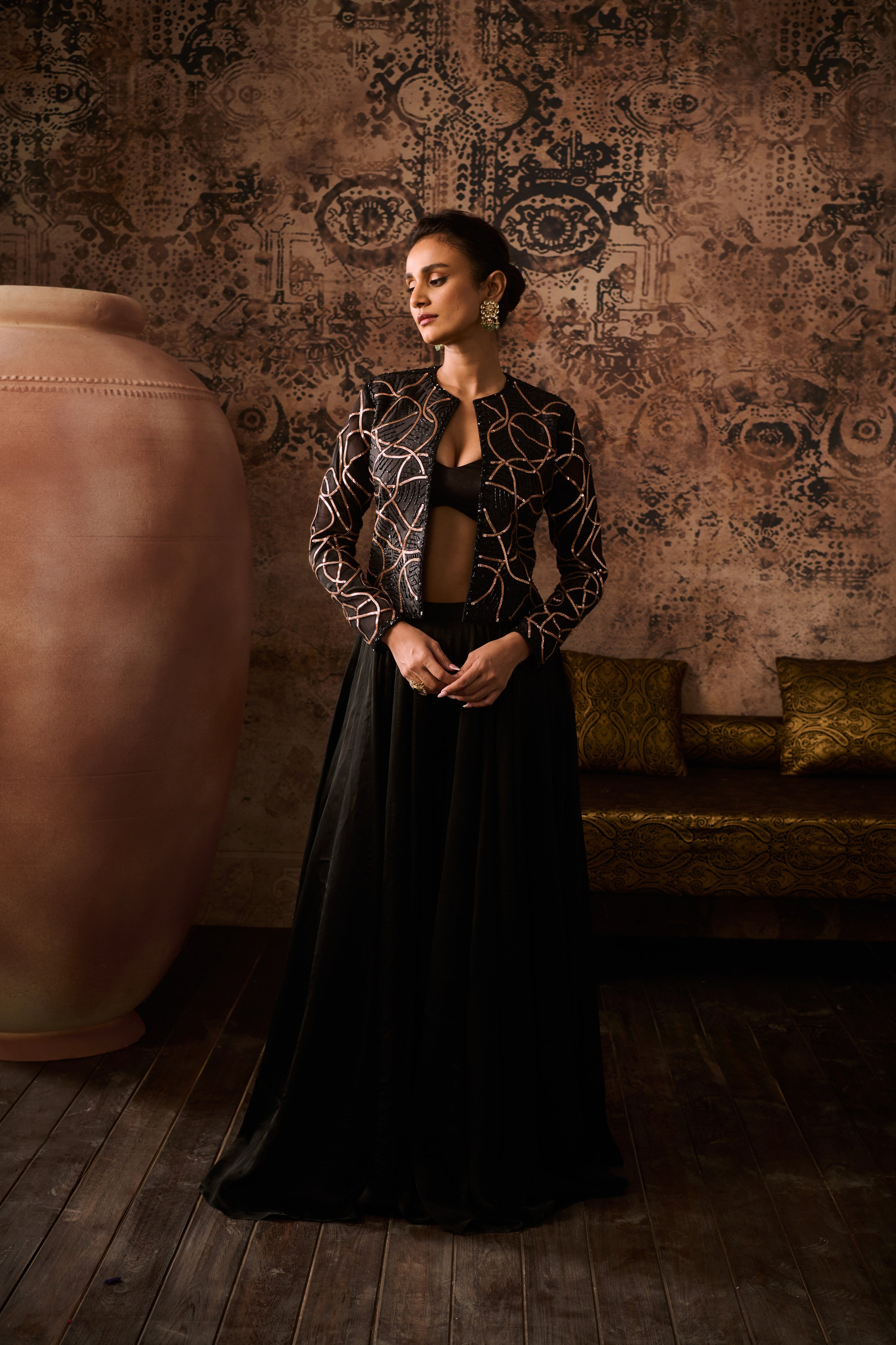 NOIR EMBROIDERED JACKET & BUSTIER PALAZZO SET