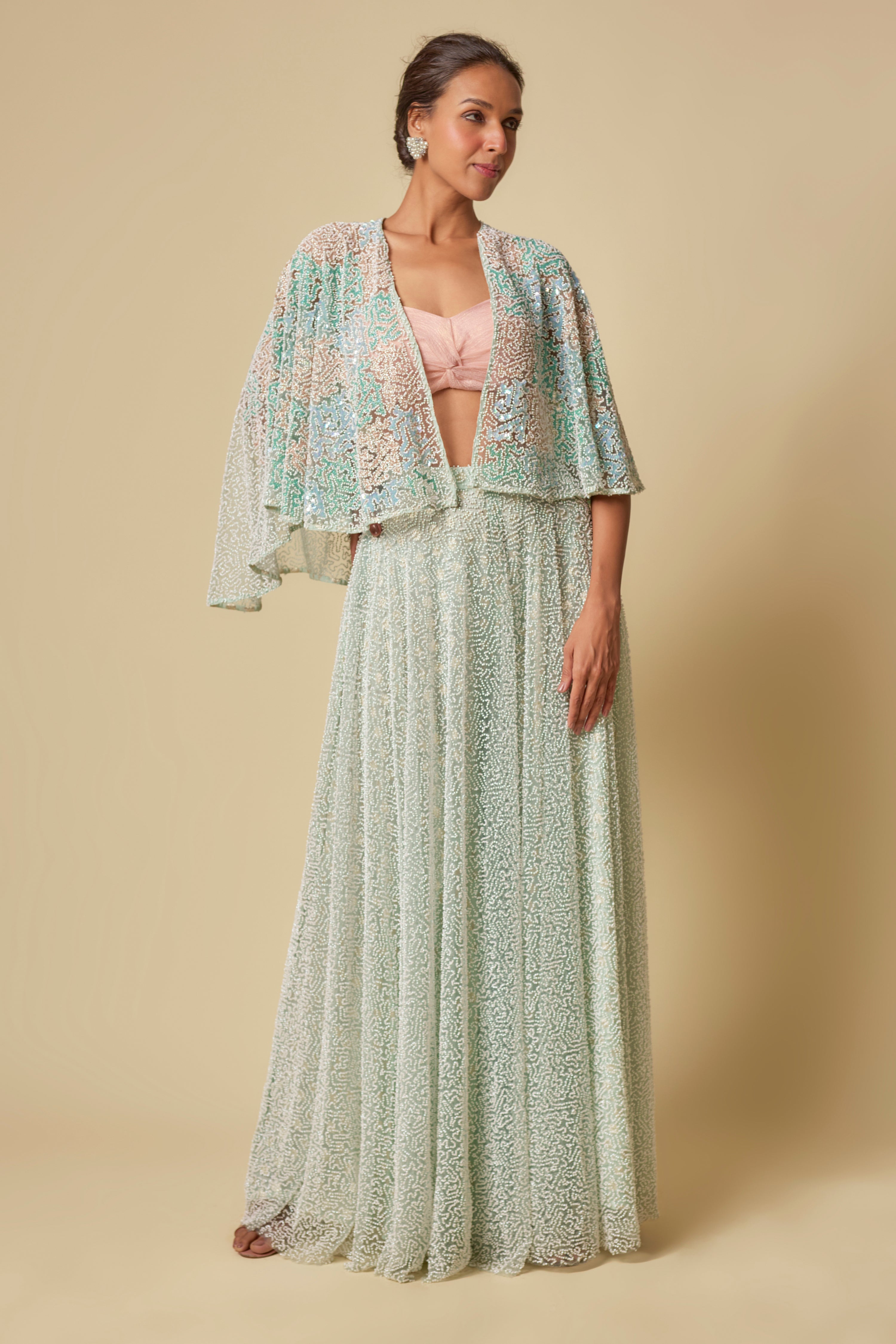 MINT HEAVY GHARARA PANT WITH PEACH BLOUSE AND MINT EMBROIDERED CAPE