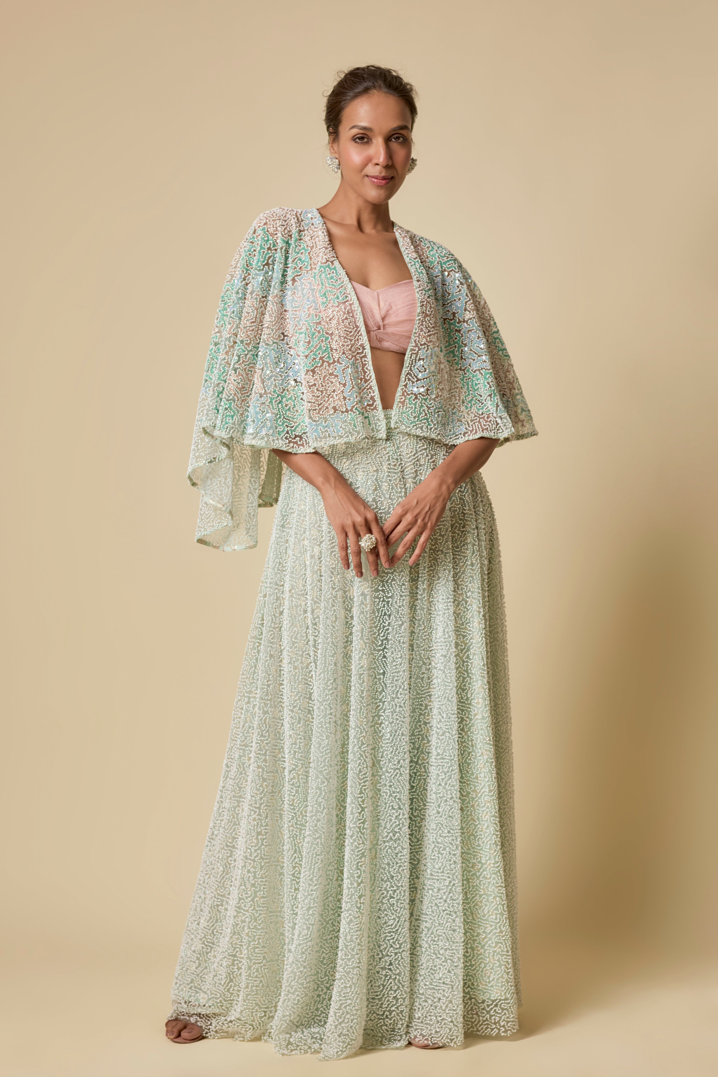 MINT HEAVY GHARARA PANT WITH PEACH BLOUSE AND MINT EMBROIDERED CAPE