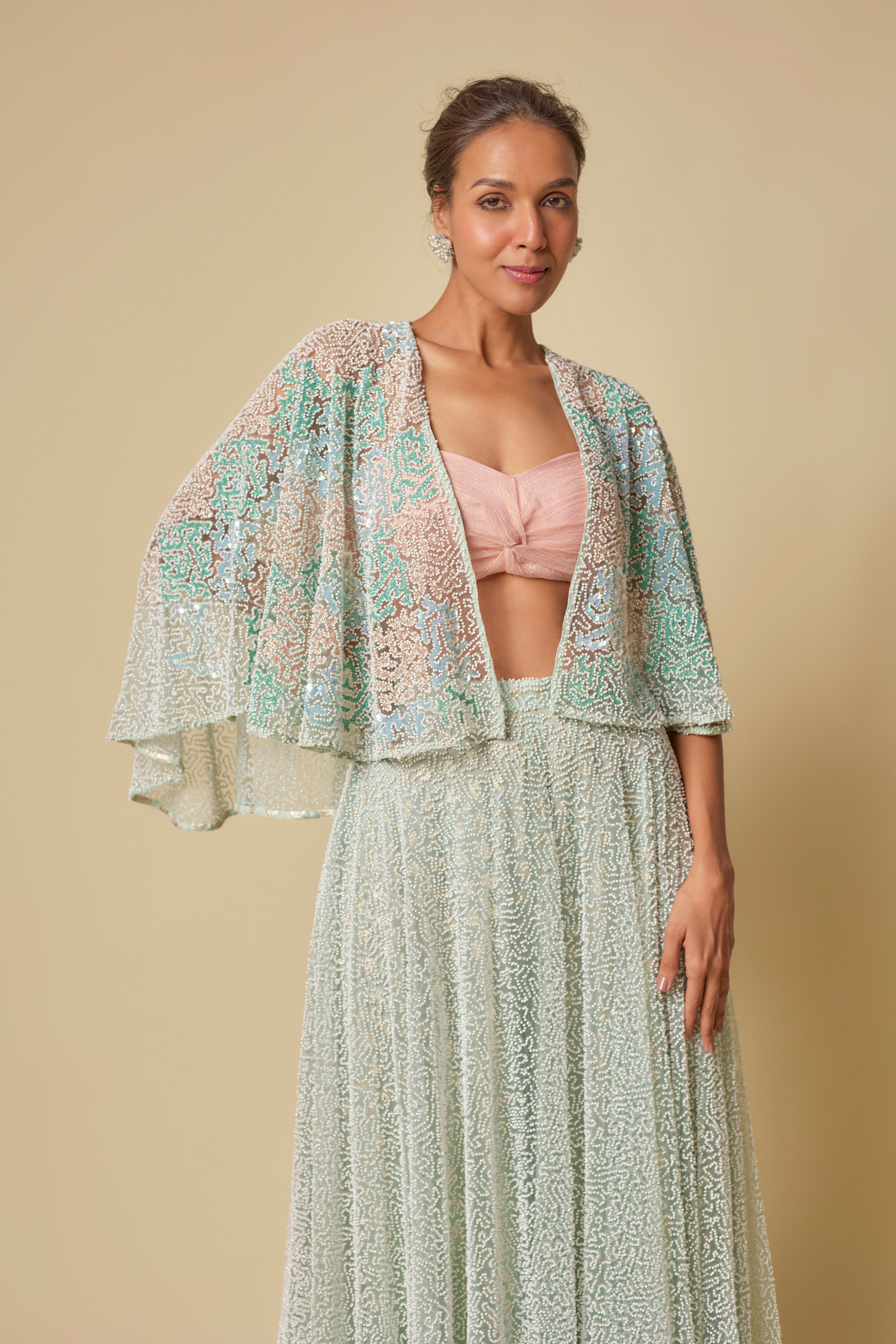 MINT HEAVY GHARARA PANT WITH PEACH BLOUSE AND MINT EMBROIDERED CAPE