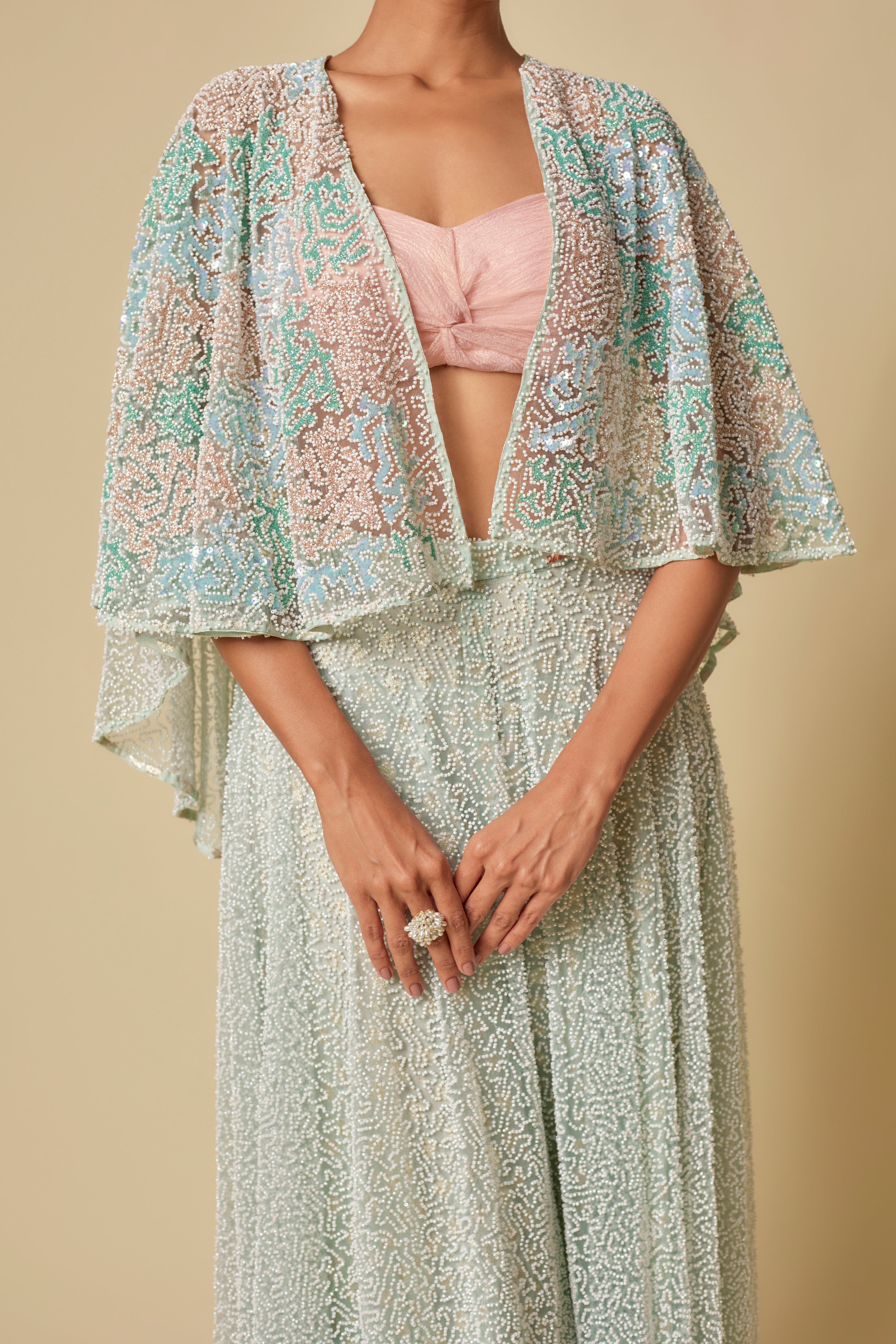MINT HEAVY GHARARA PANT WITH PEACH BLOUSE AND MINT EMBROIDERED CAPE