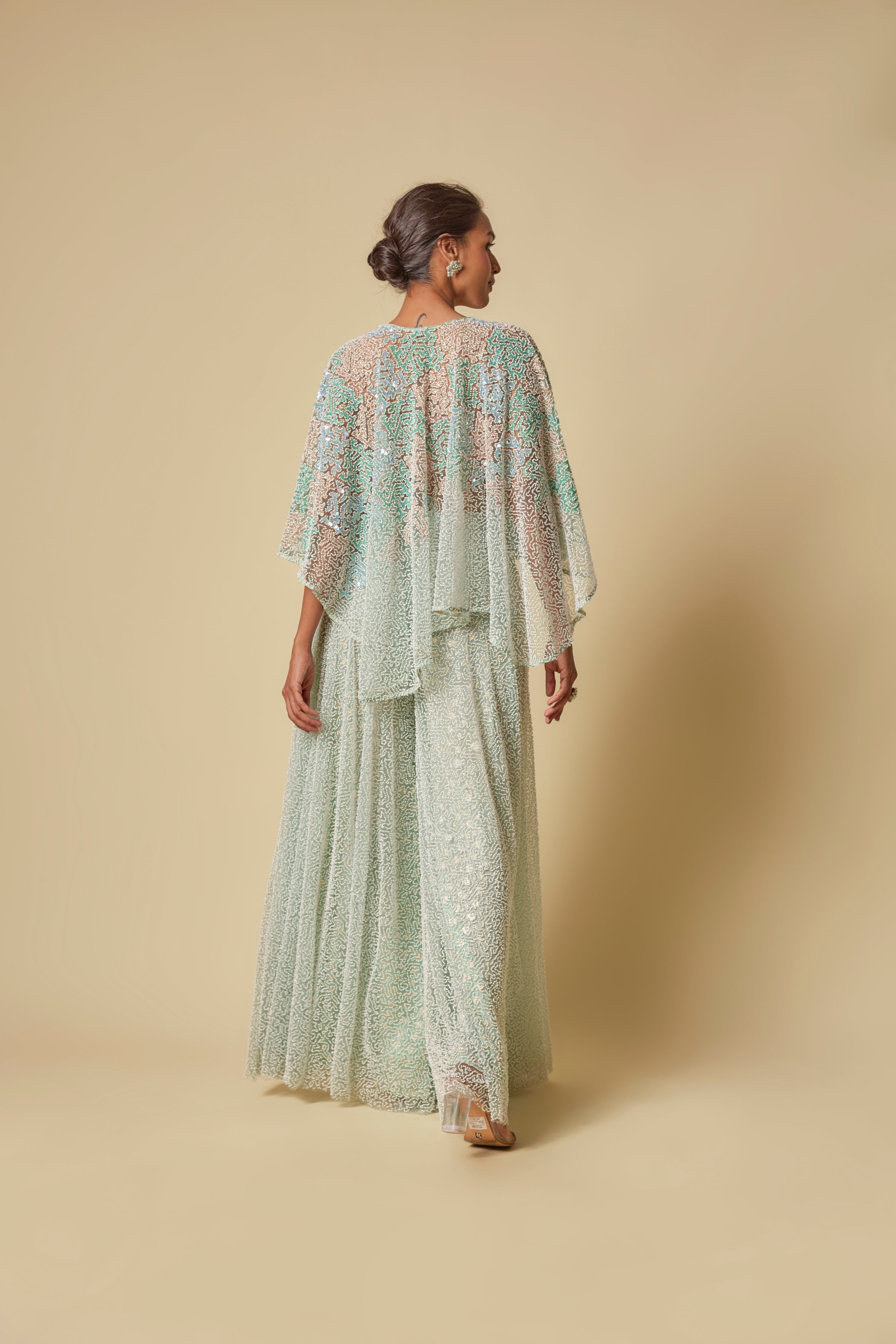 MINT HEAVY GHARARA PANT WITH PEACH BLOUSE AND MINT EMBROIDERED CAPE