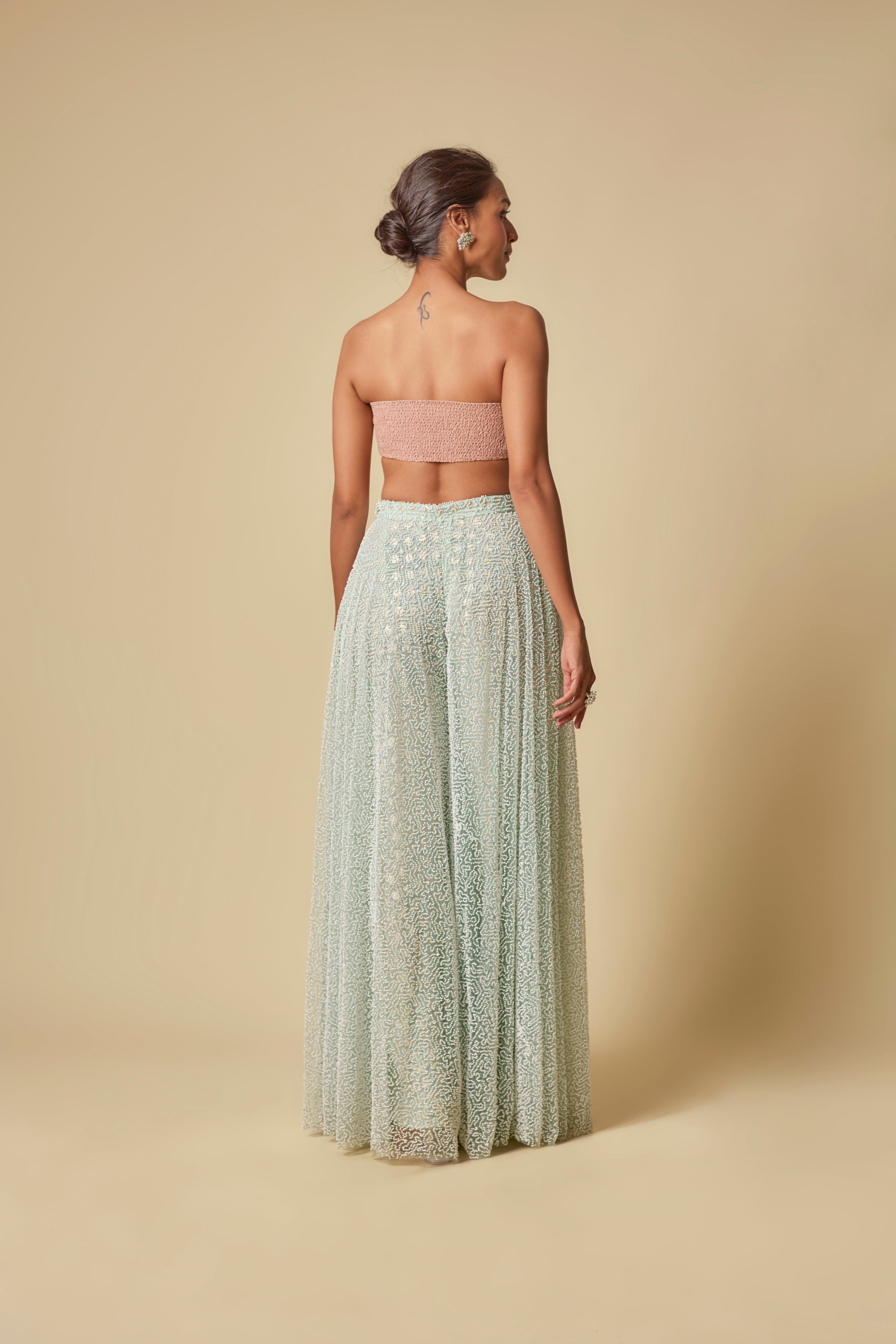 MINT HEAVY GHARARA PANT WITH PEACH BLOUSE AND MINT EMBROIDERED CAPE