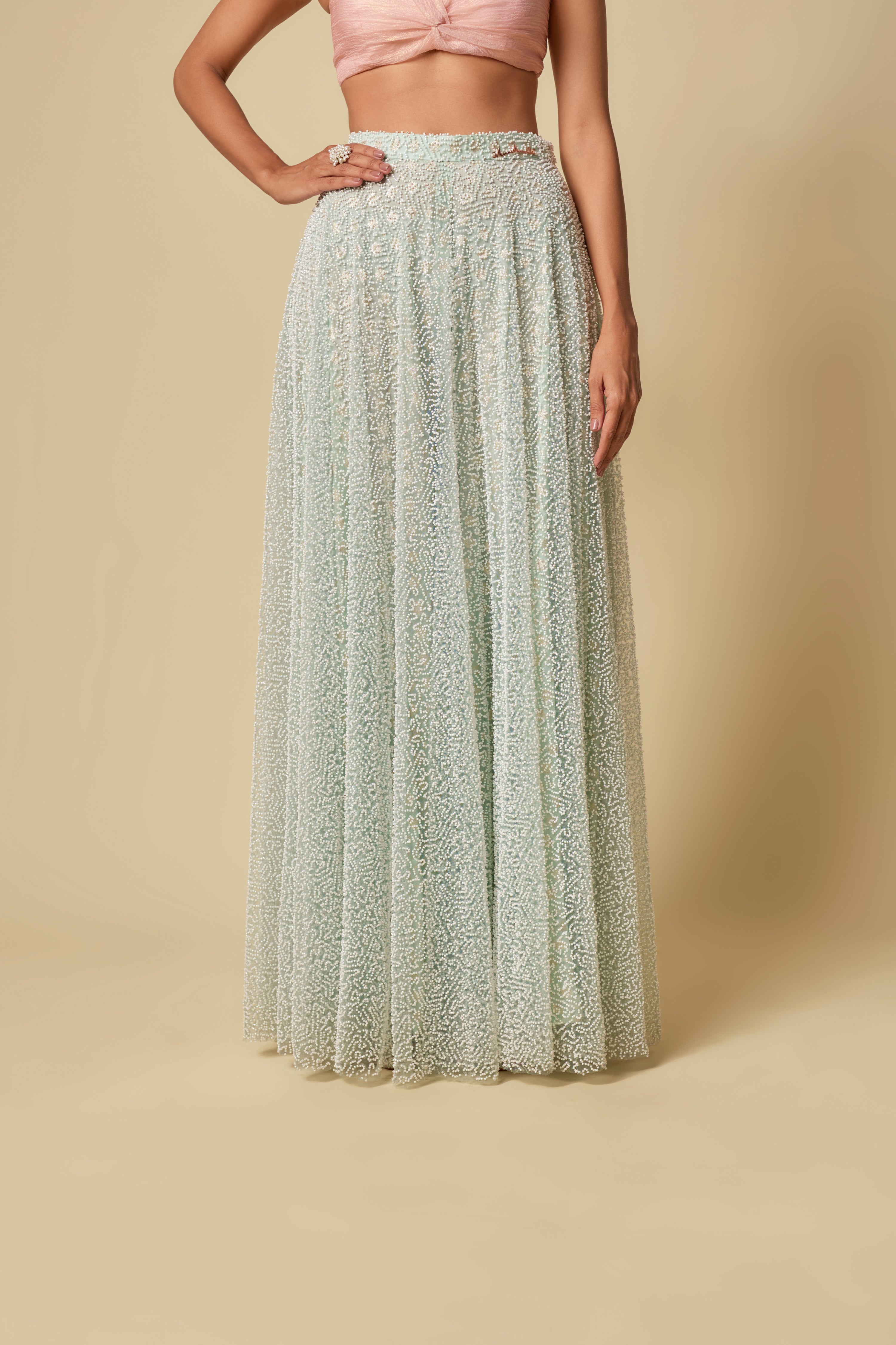 MINT HEAVY GHARARA PANT WITH PEACH BLOUSE AND MINT EMBROIDERED CAPE