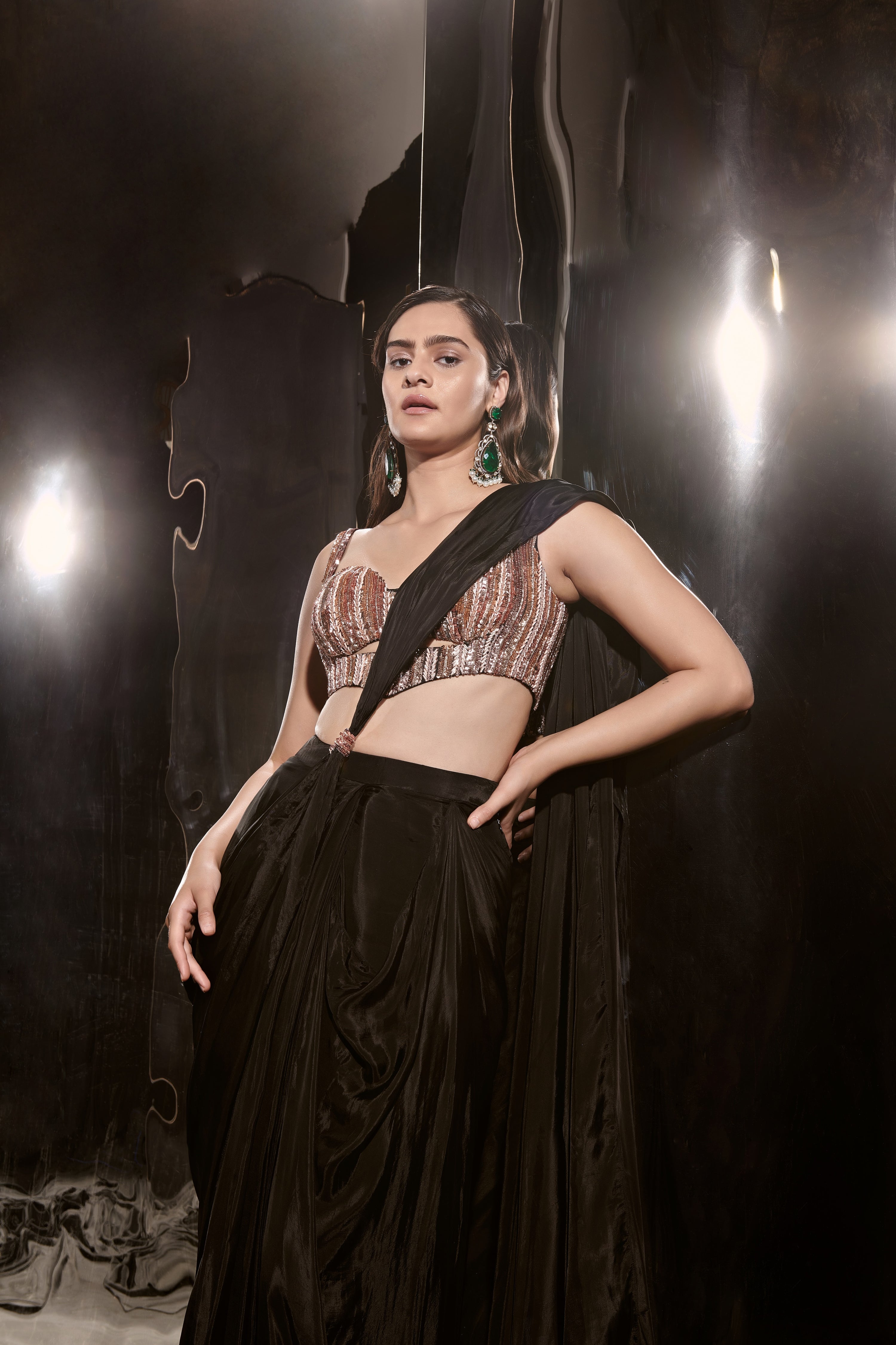 BLACK EMBROIDERED PRE-DRAPED SAREE SET WITH CORSET BLOUSE