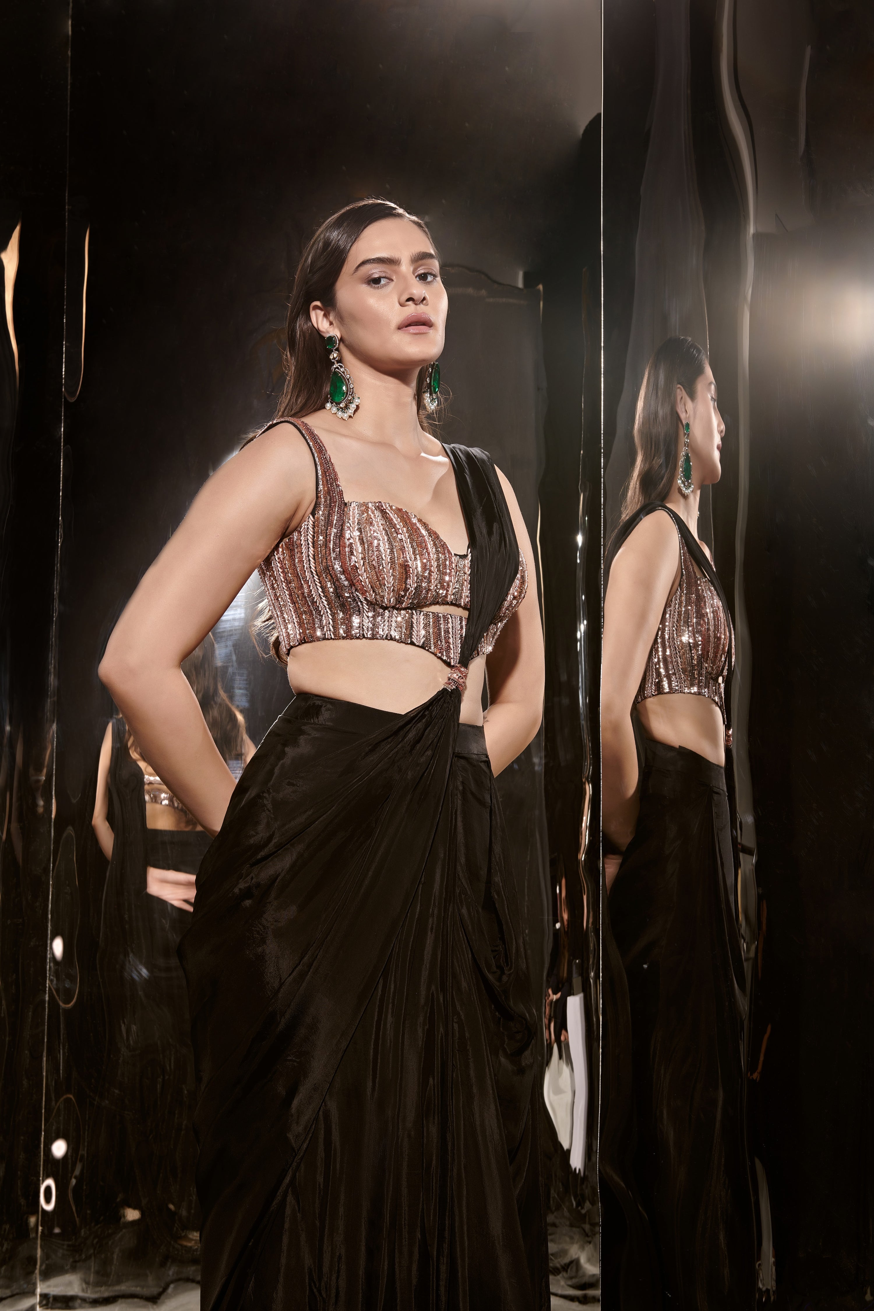 BLACK EMBROIDERED PRE-DRAPED SAREE SET WITH CORSET BLOUSE