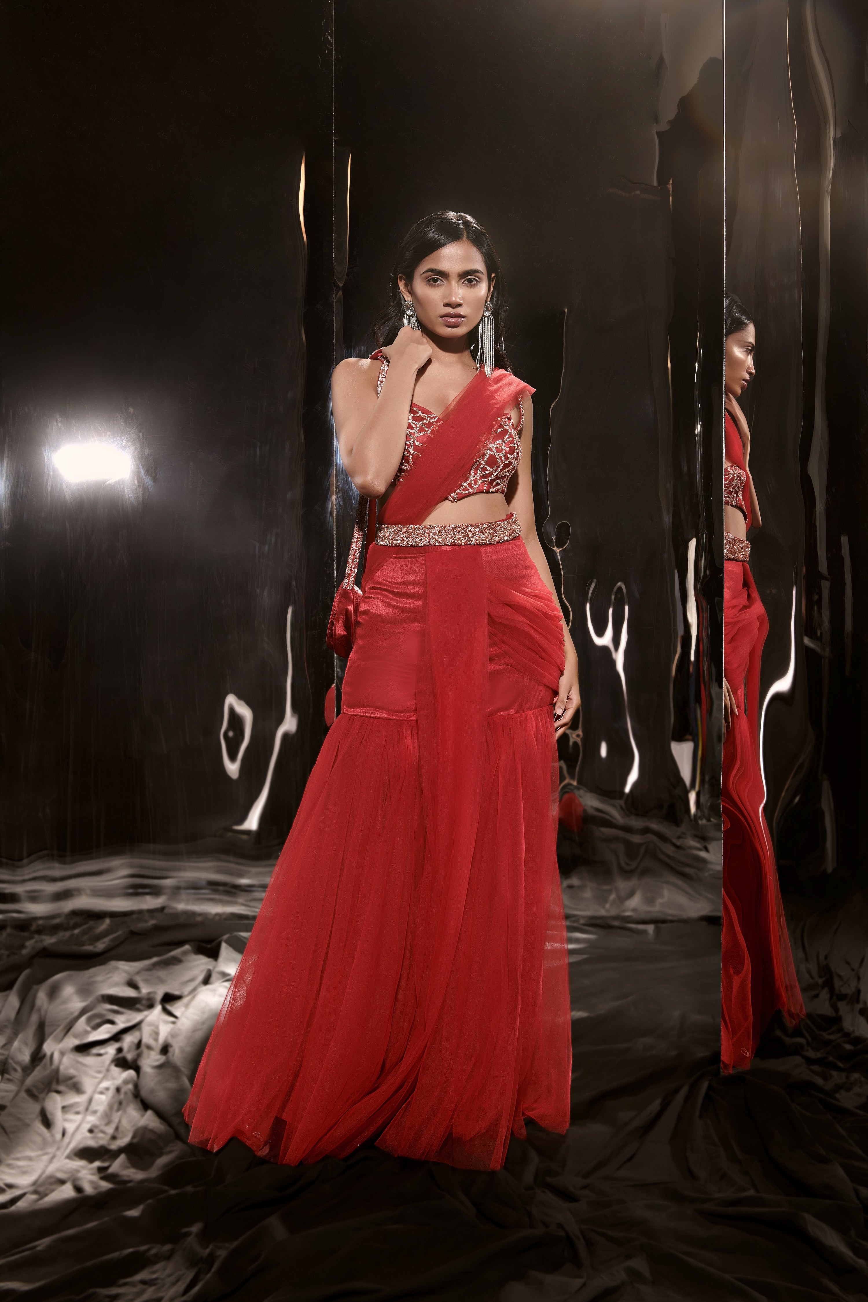 RED EMBROIDERED SHARARA SAREE WITH WAIST BELT AND BAG