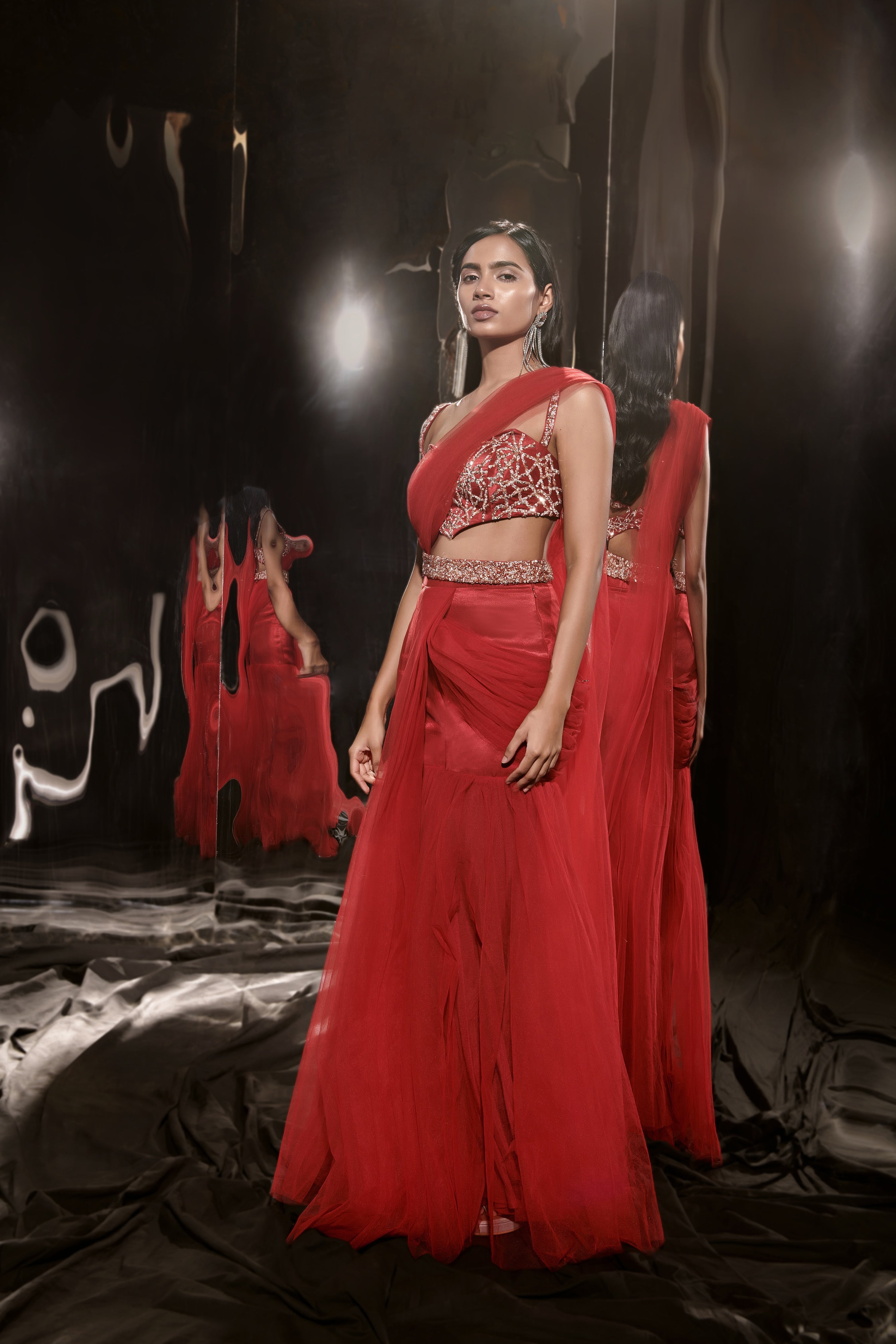 RED EMBROIDERED SHARARA SAREE WITH WAIST BELT AND BAG