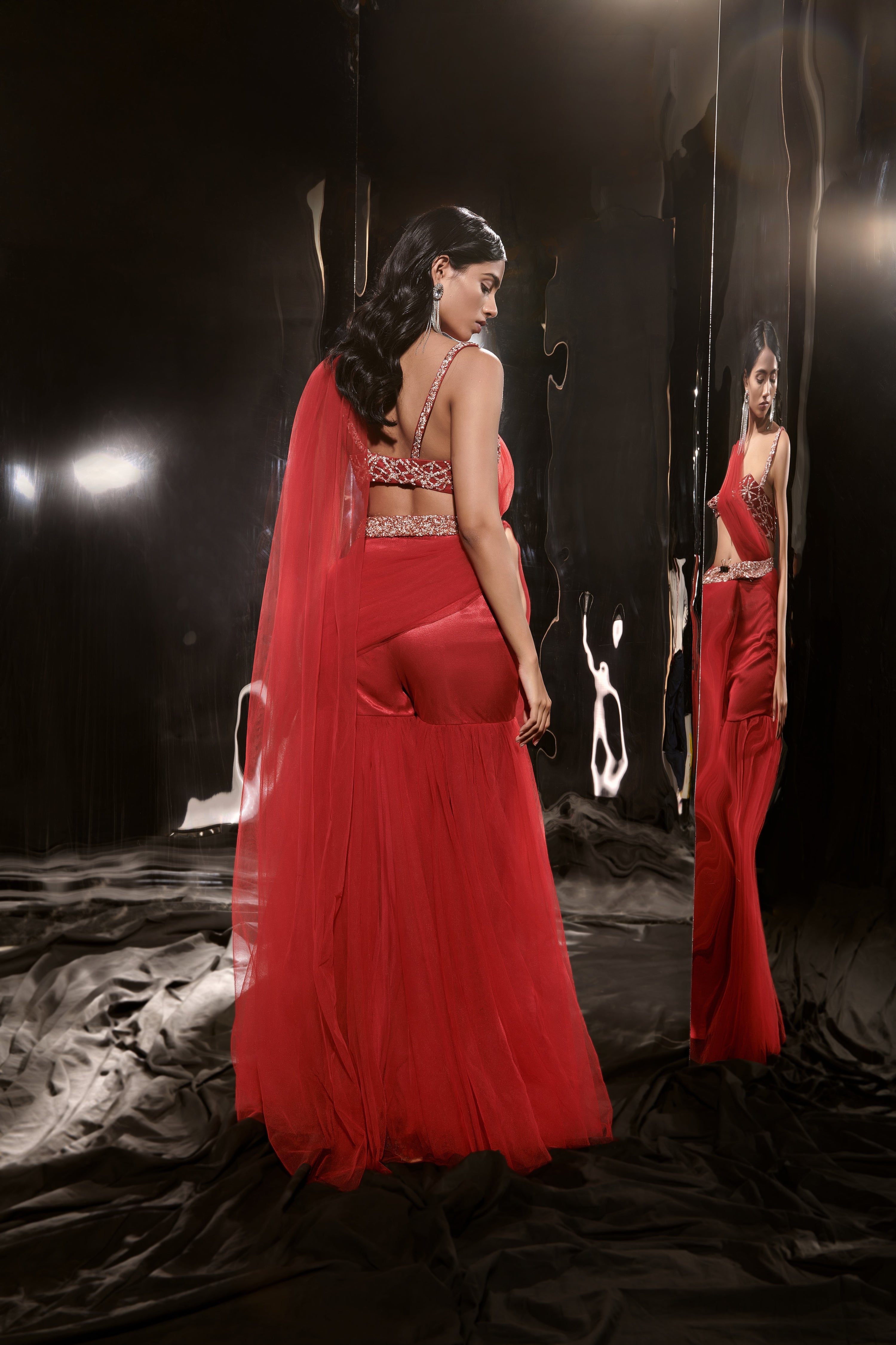 RED EMBROIDERED SHARARA SAREE WITH WAIST BELT AND BAG