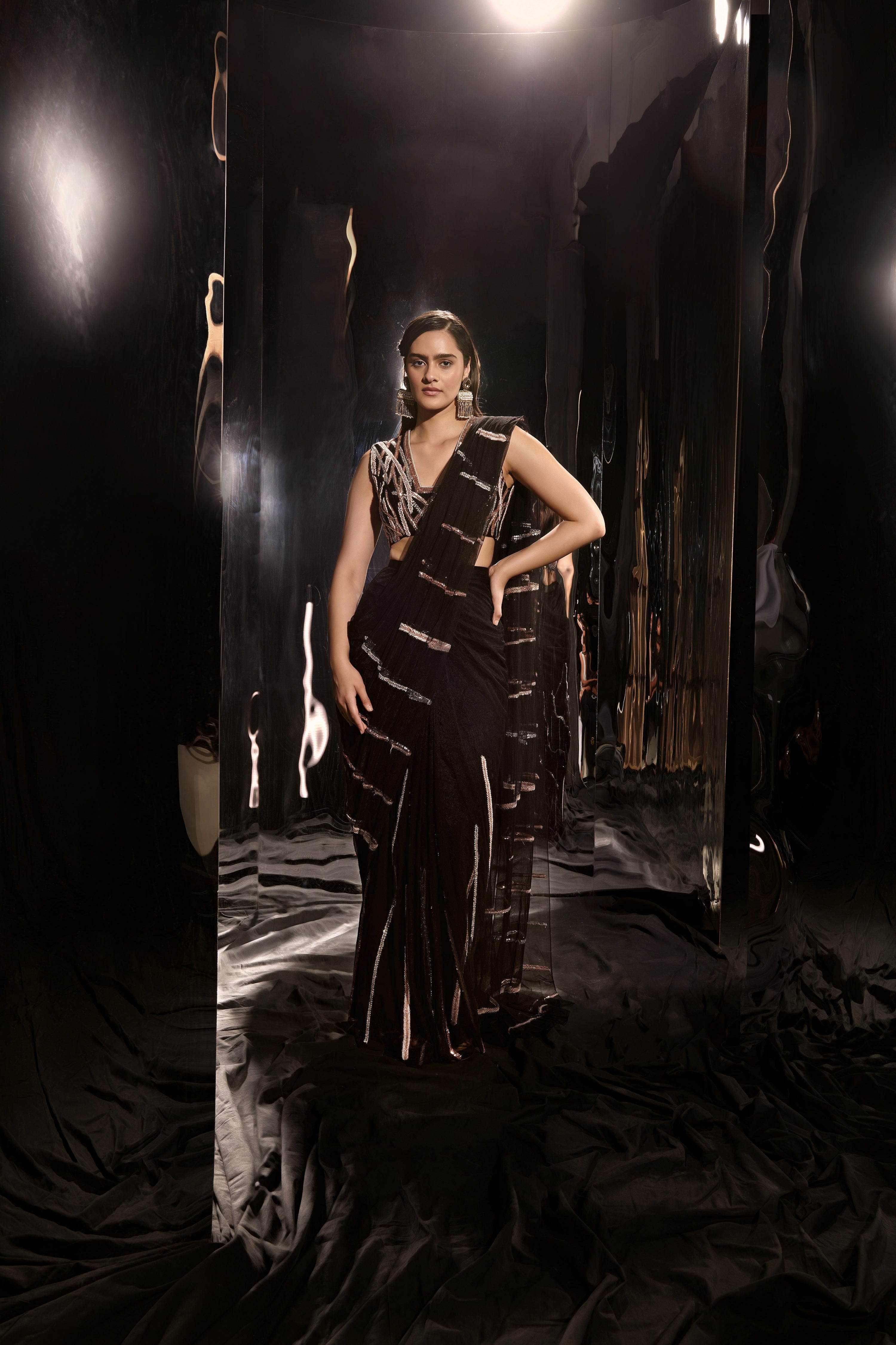 BLACK PRE-DRAPED EMBROIDERED SAREE SET WITH SLEEVELESS BLOUSE