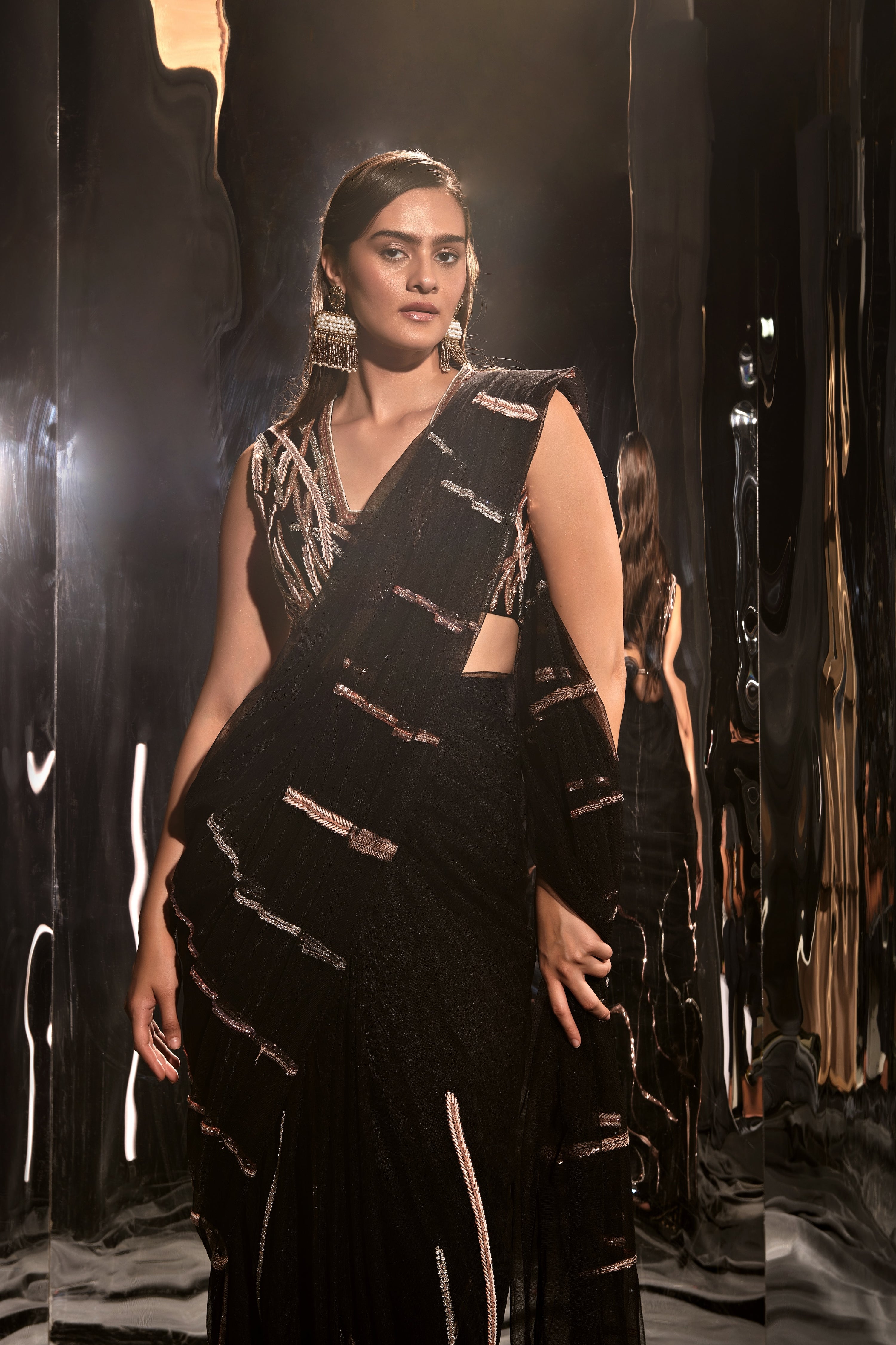 BLACK PRE-DRAPED EMBROIDERED SAREE SET WITH SLEEVELESS BLOUSE