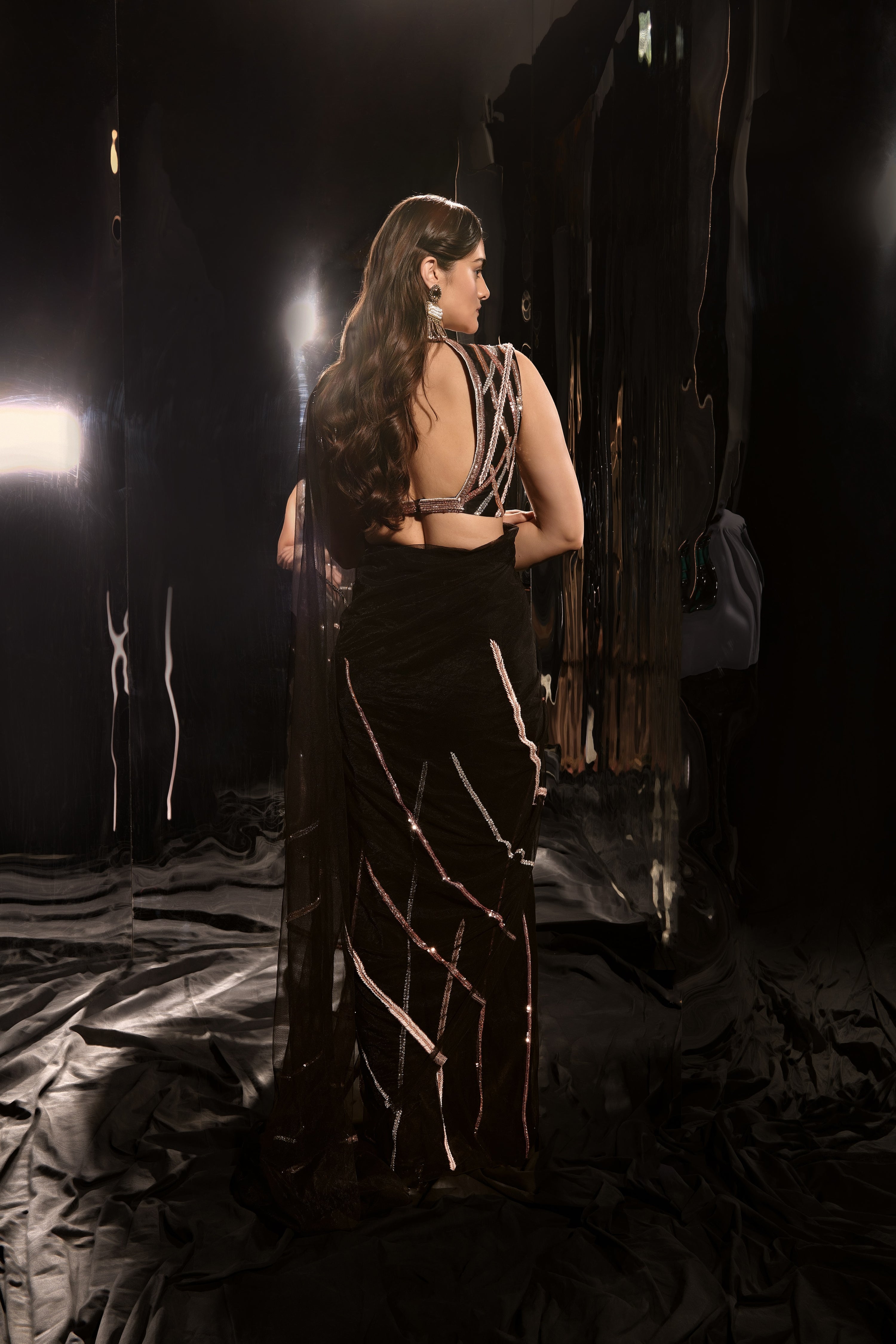 BLACK PRE-DRAPED EMBROIDERED SAREE SET WITH SLEEVELESS BLOUSE