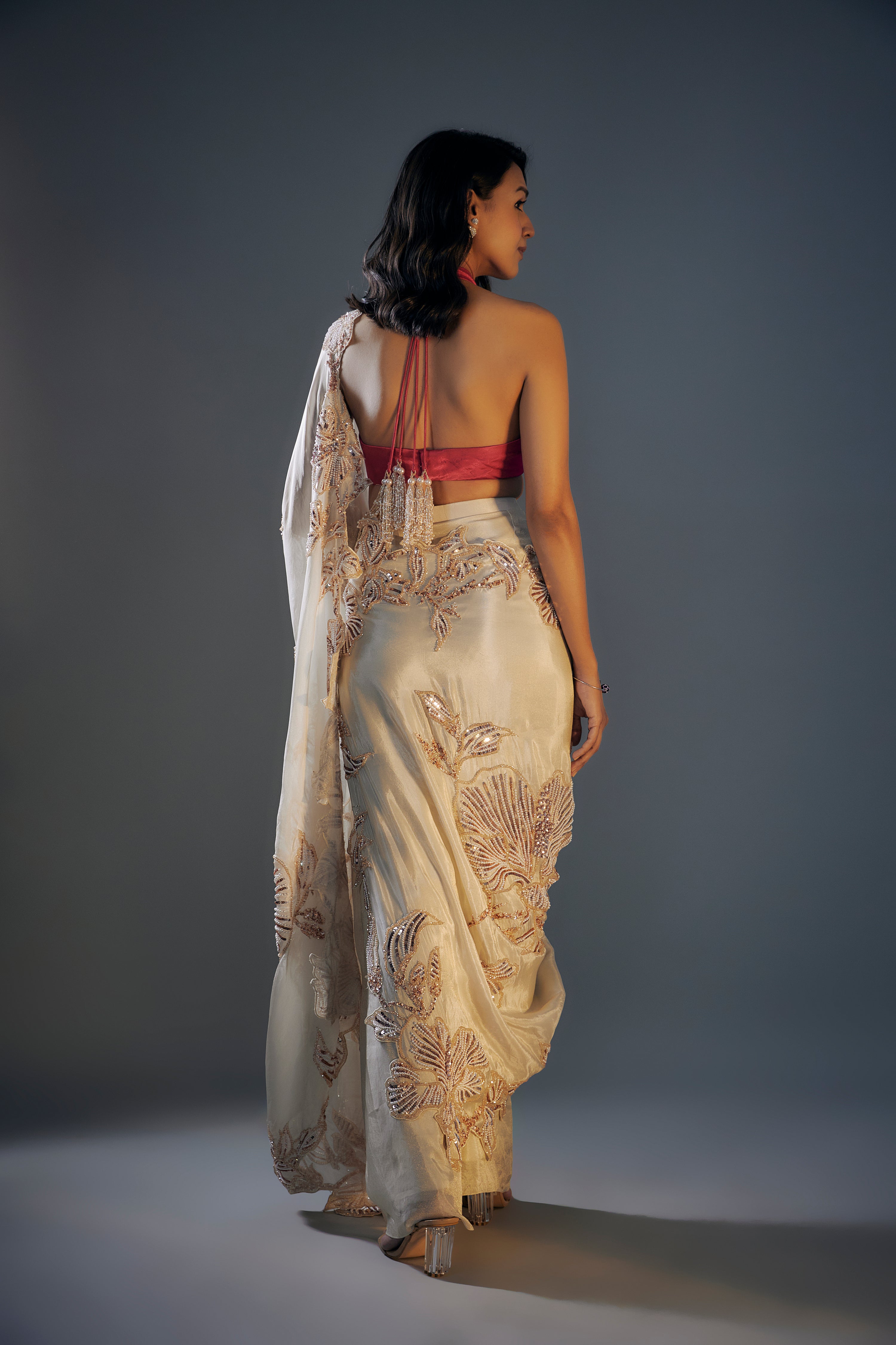 BEIGE & HOT PINK TISSUE SAREE