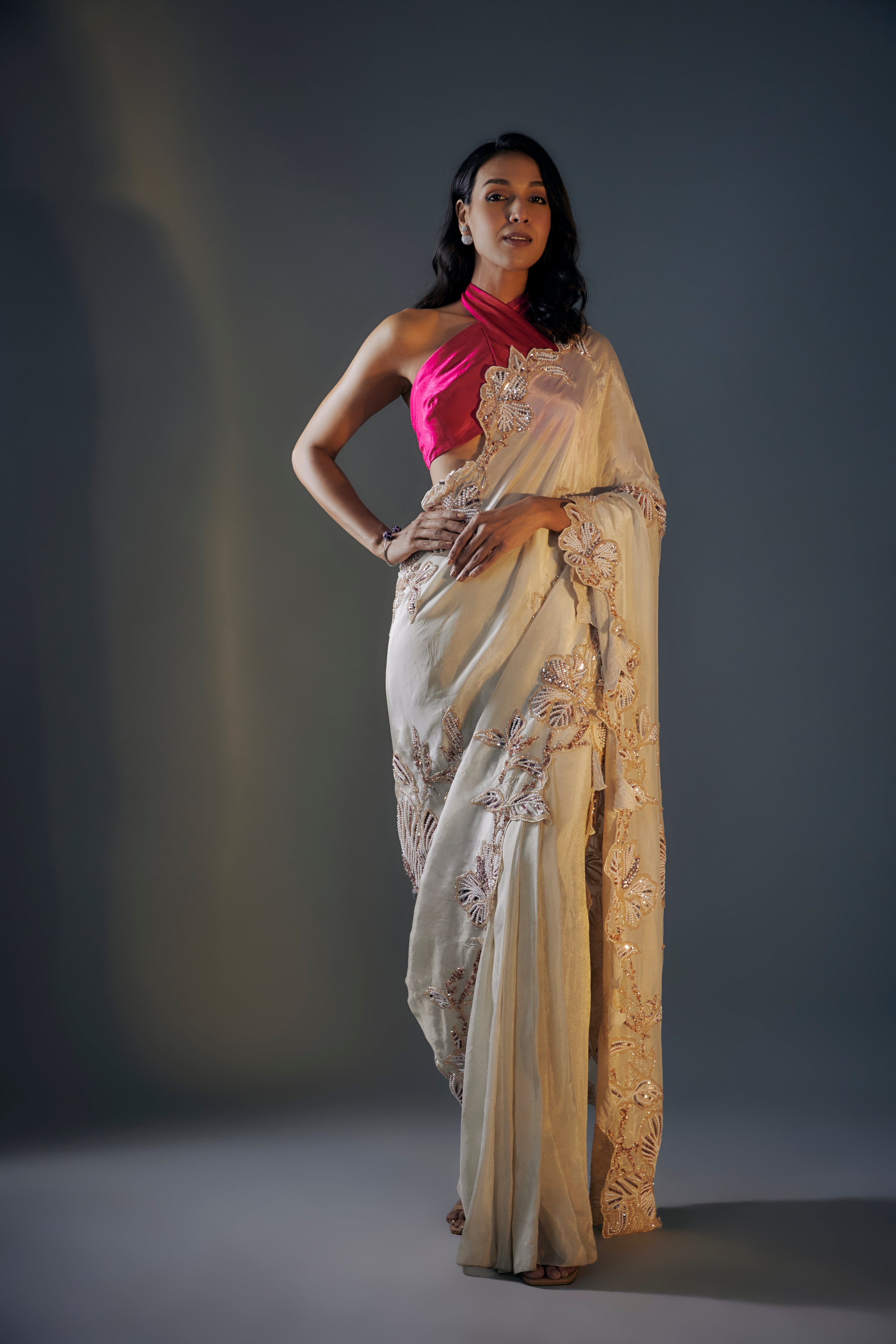 BEIGE & HOT PINK TISSUE SAREE