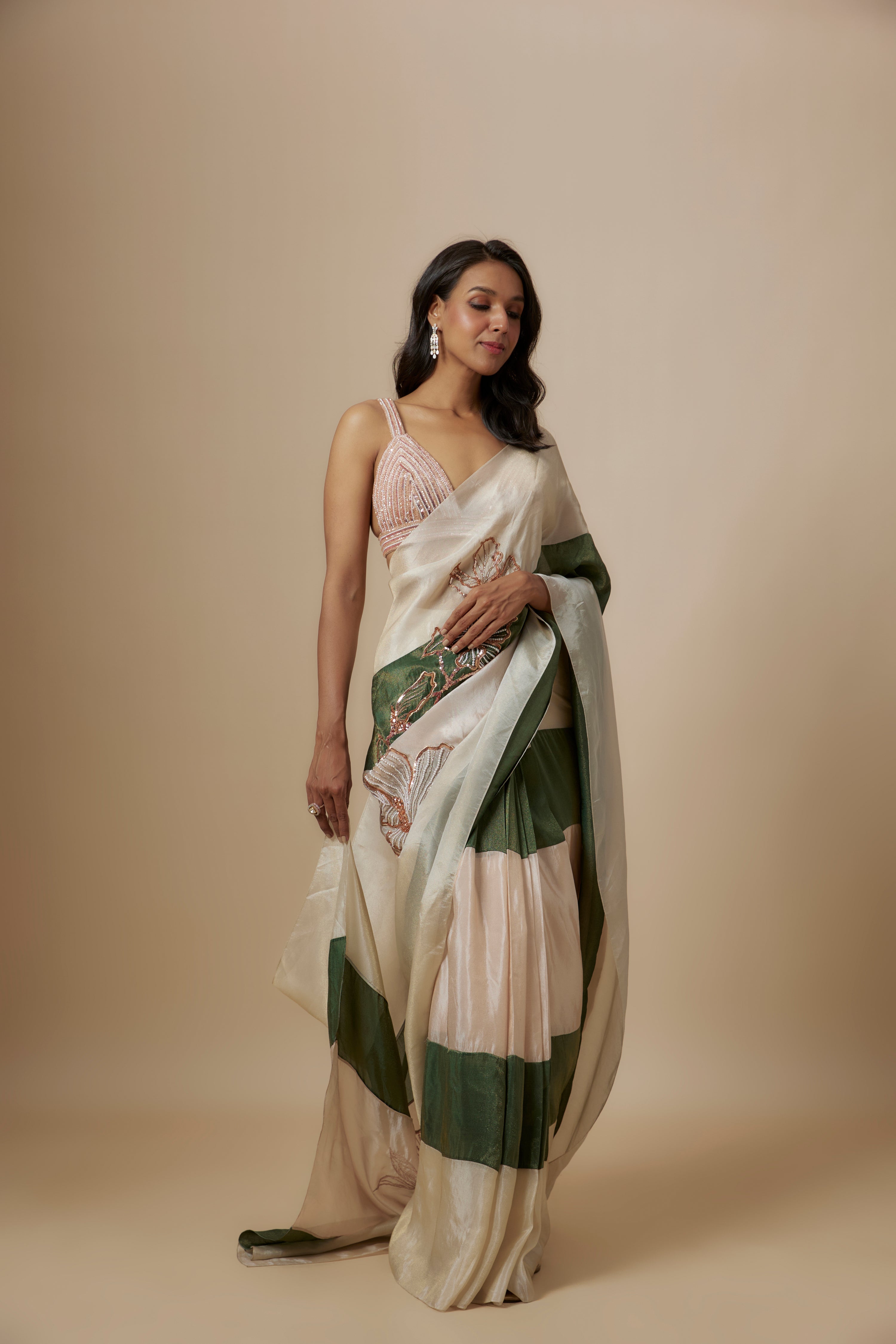 GREEN AND BEIGE COLOUR BLOCK SAREE WITH EMBROIDERED BLOUSE