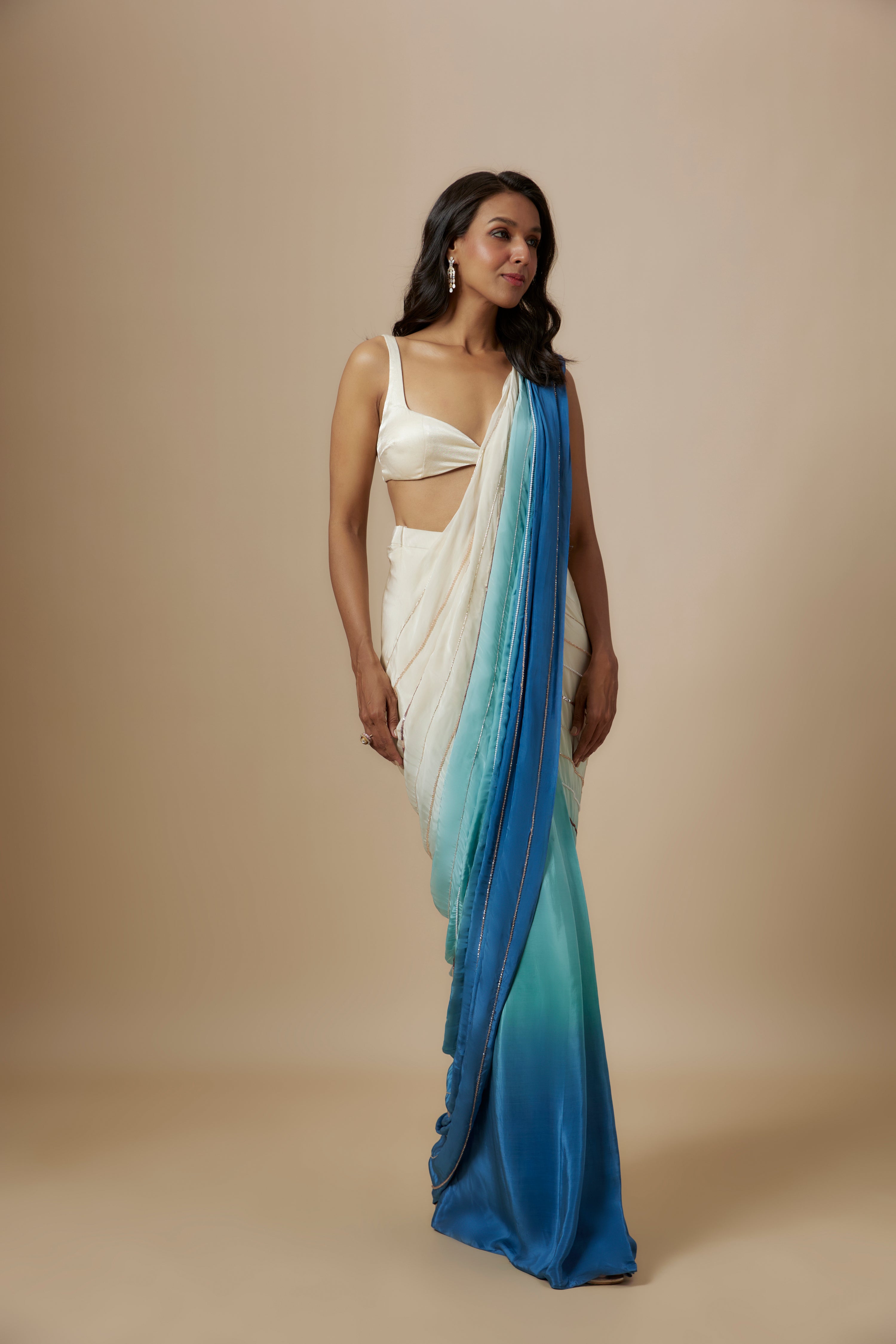 BLUE OMBRE EMBROIDERED SAREE WITH CREAM BLOUSE