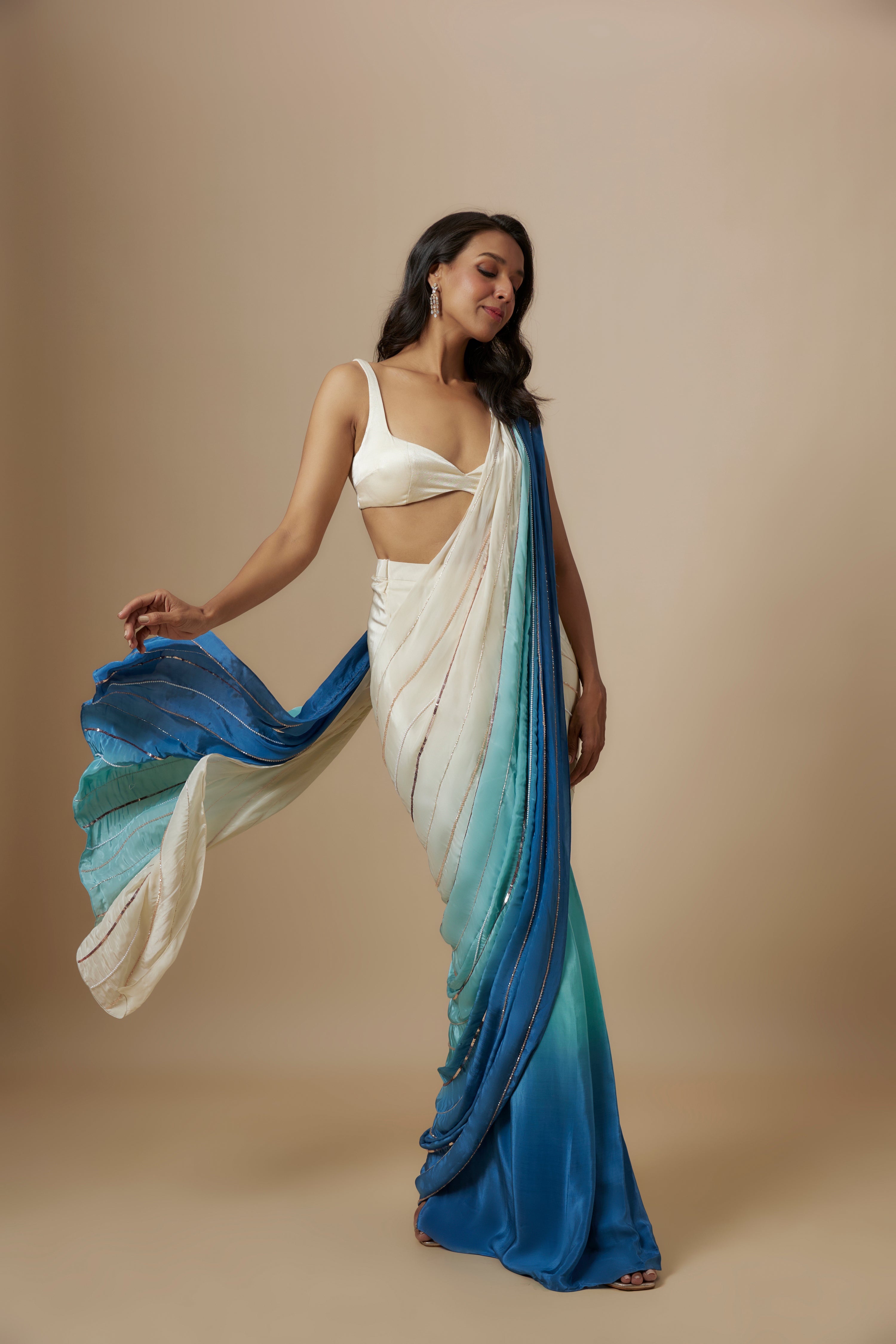 BLUE OMBRE EMBROIDERED SAREE WITH CREAM BLOUSE