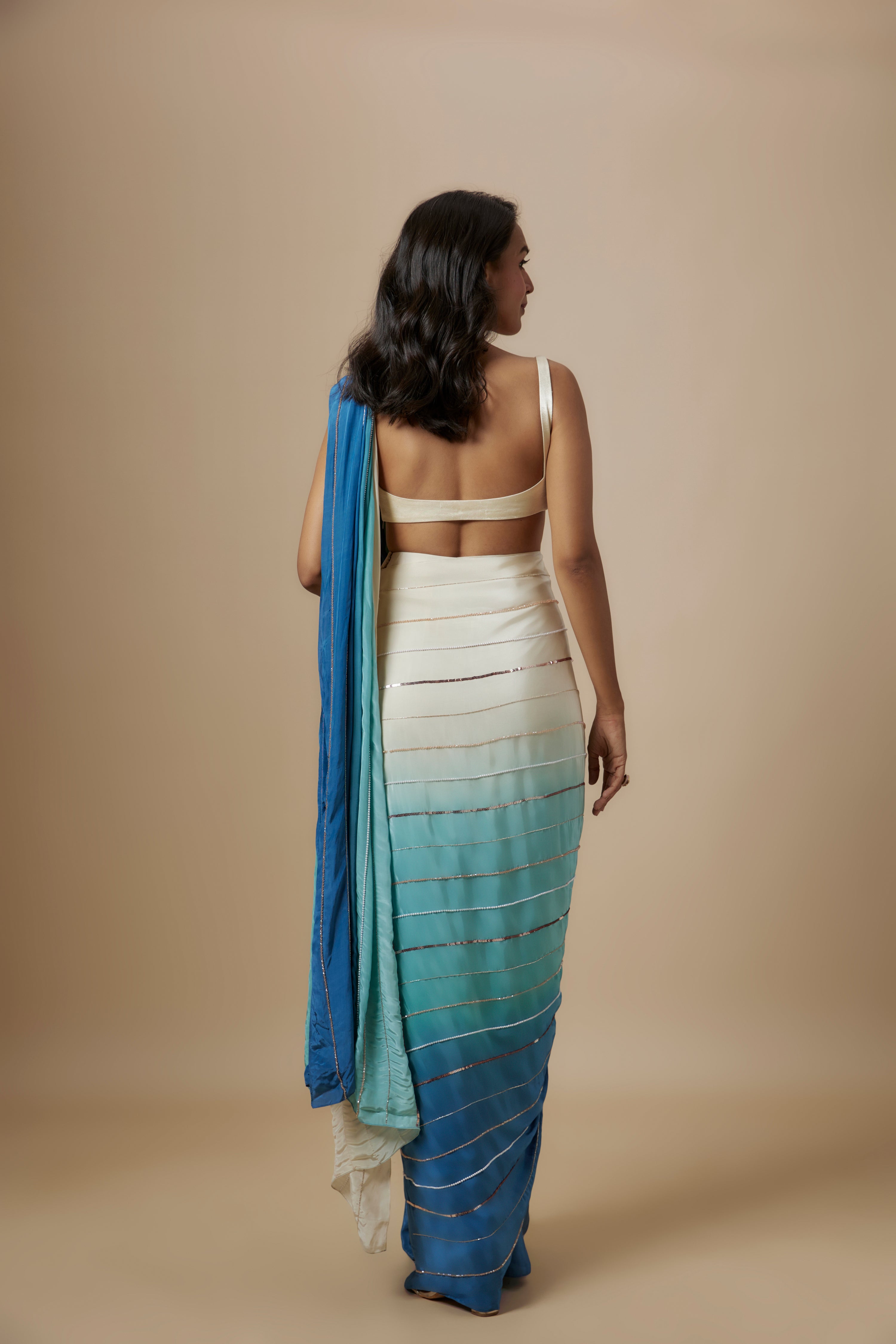 BLUE OMBRE EMBROIDERED SAREE WITH CREAM BLOUSE