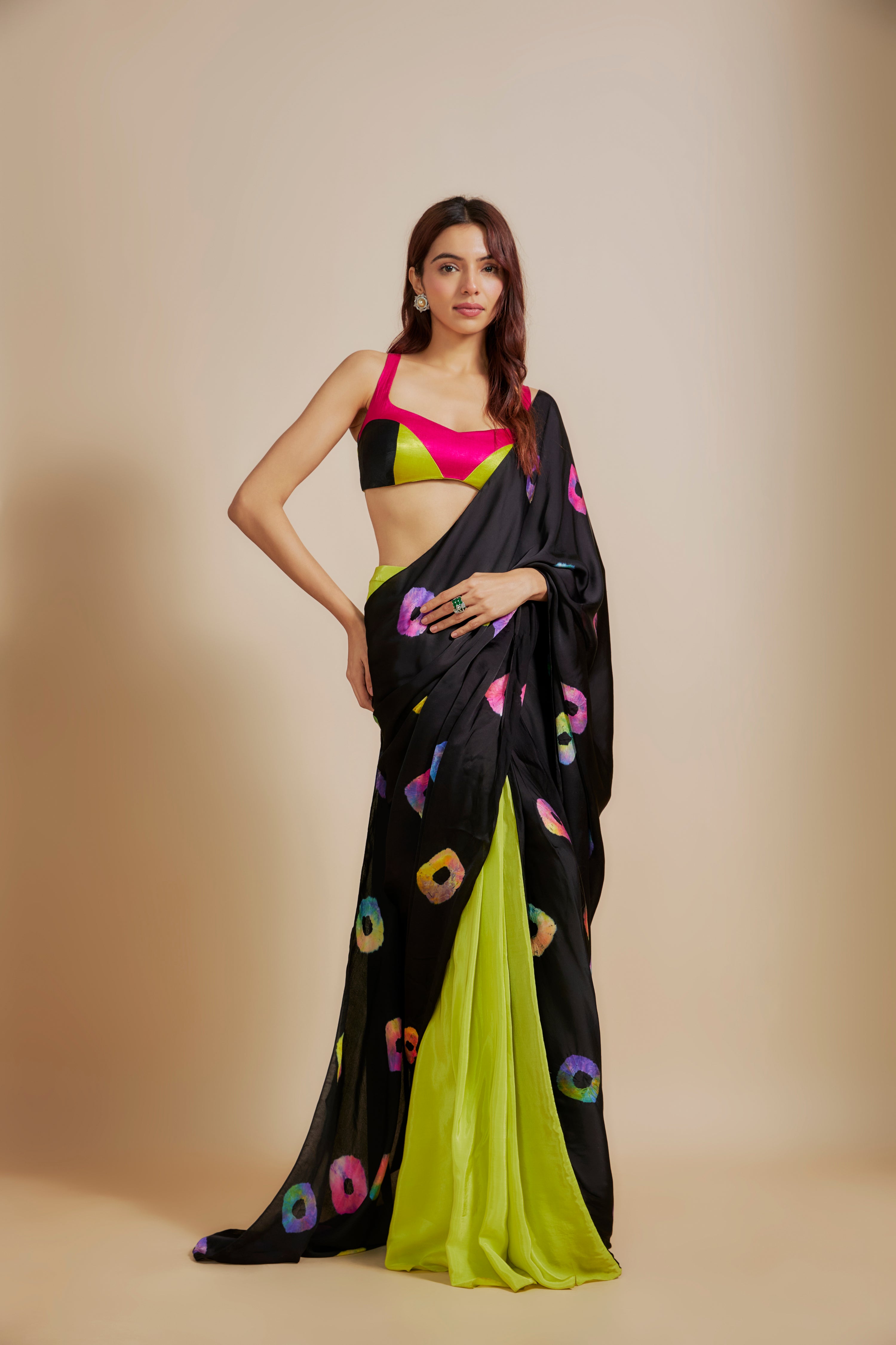 BLACK SHIBORI SAREE WITH MULTI-COLOUR BLOUSE